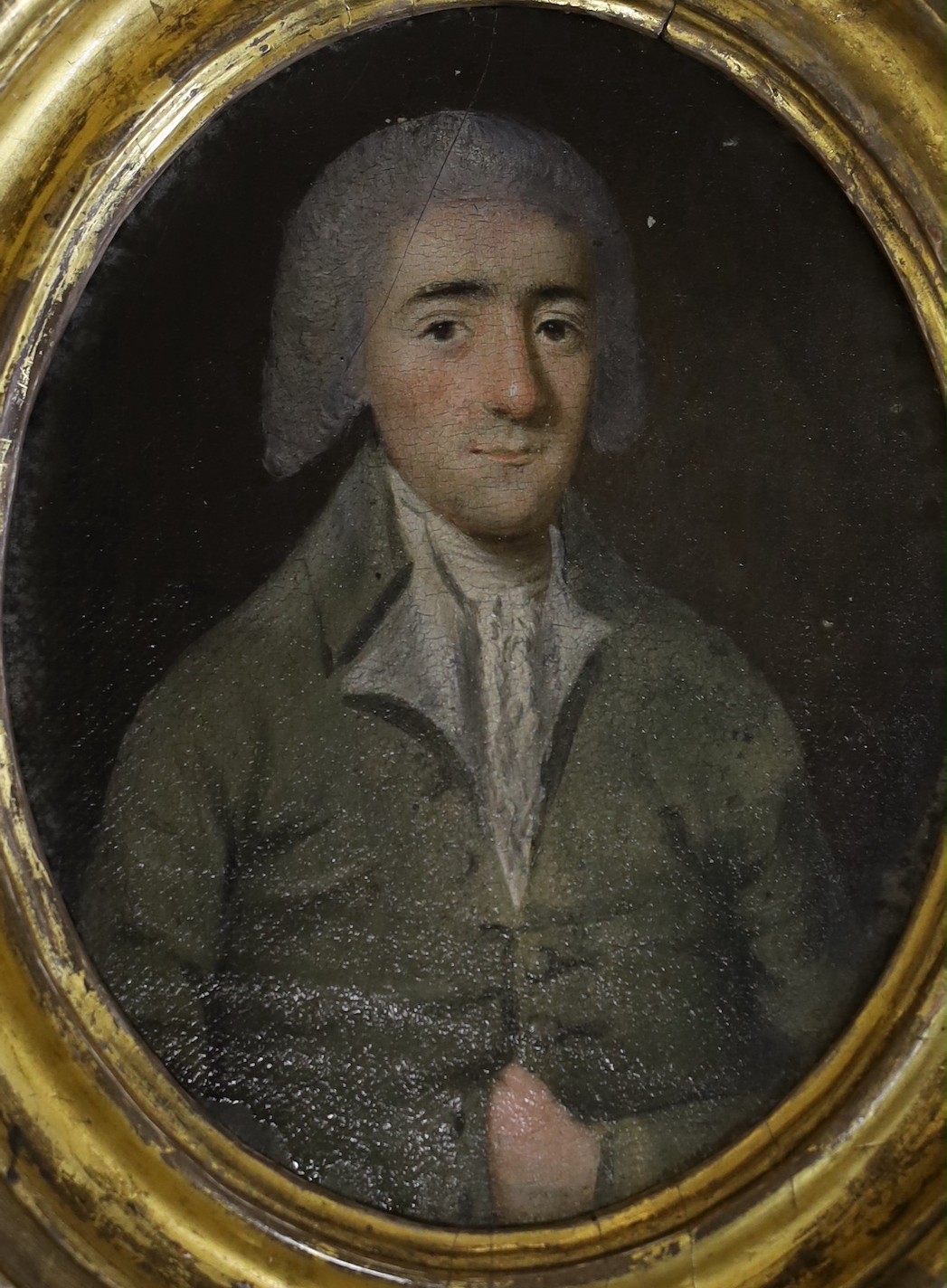 English School, late 18th century, oval oil on board, Portrait of John Parsons, 14 x 11cm                                                                                                                                   