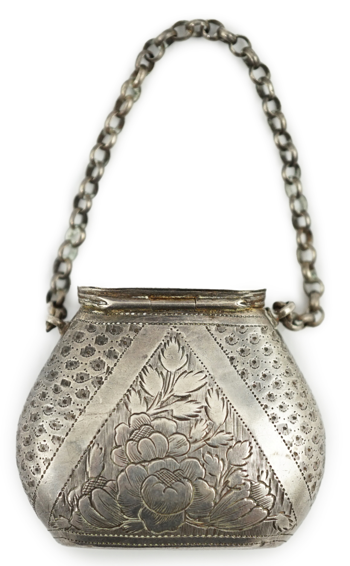 A late George III silver novelty vinaigrette, modelled as a basket/purse, by Samuel Pemberton                                                                                                                               