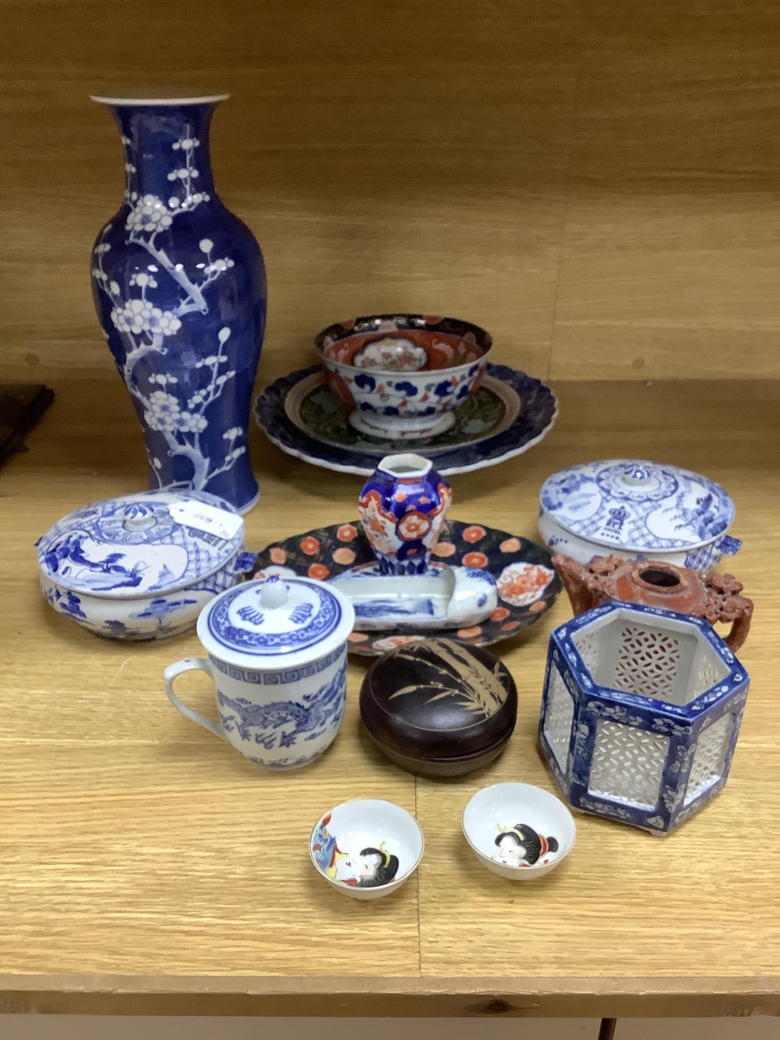An early 20th century Chinese blue and white prunus vase, group of Chinese, Japanese porcelain Rex Hotel tureens, soapstone wine pot etc                                                                                    