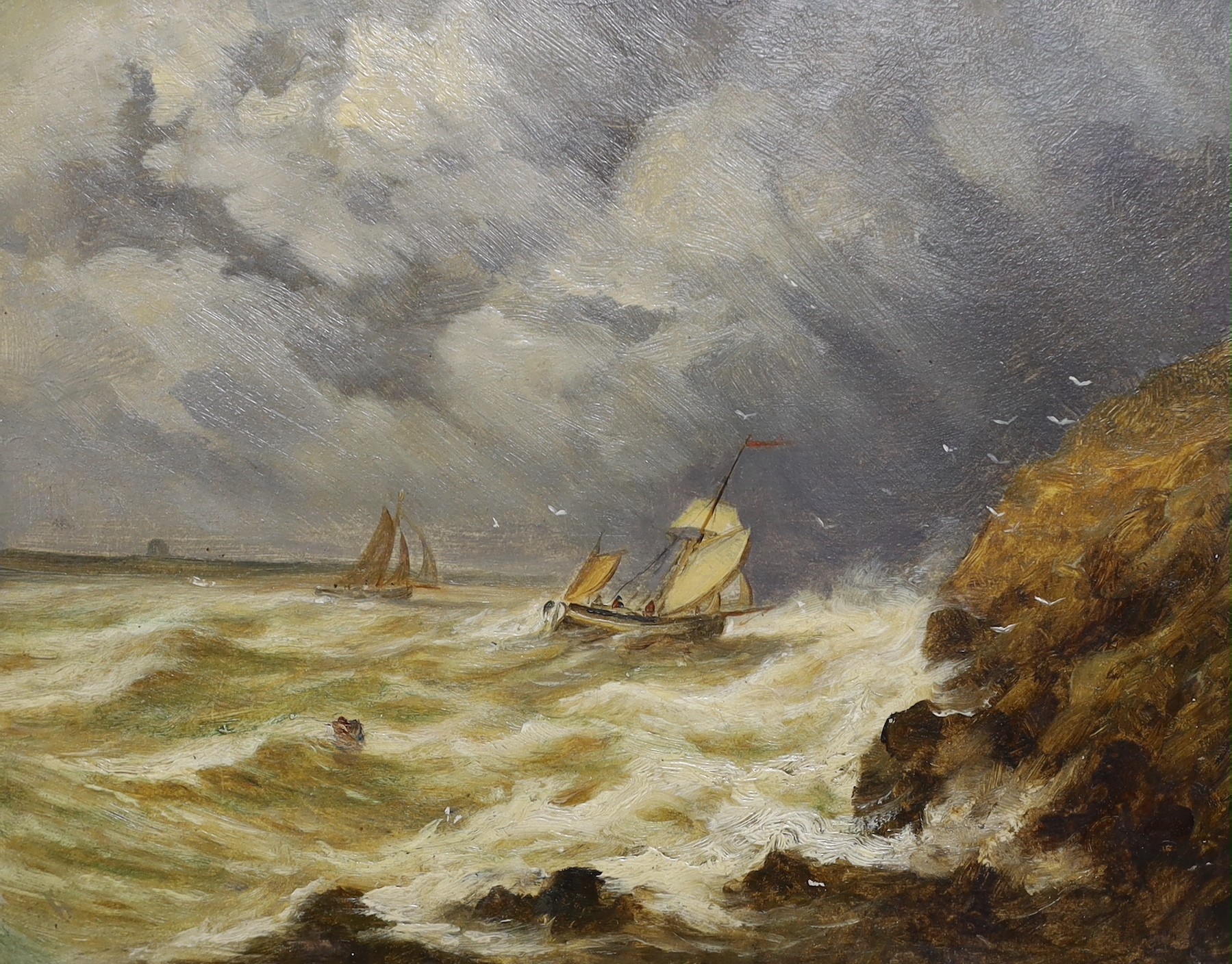 Attributed to John Moore of Ipswich (1820-1902), oil on millboard, Seascape, 17 x 22cm                                                                                                                                      