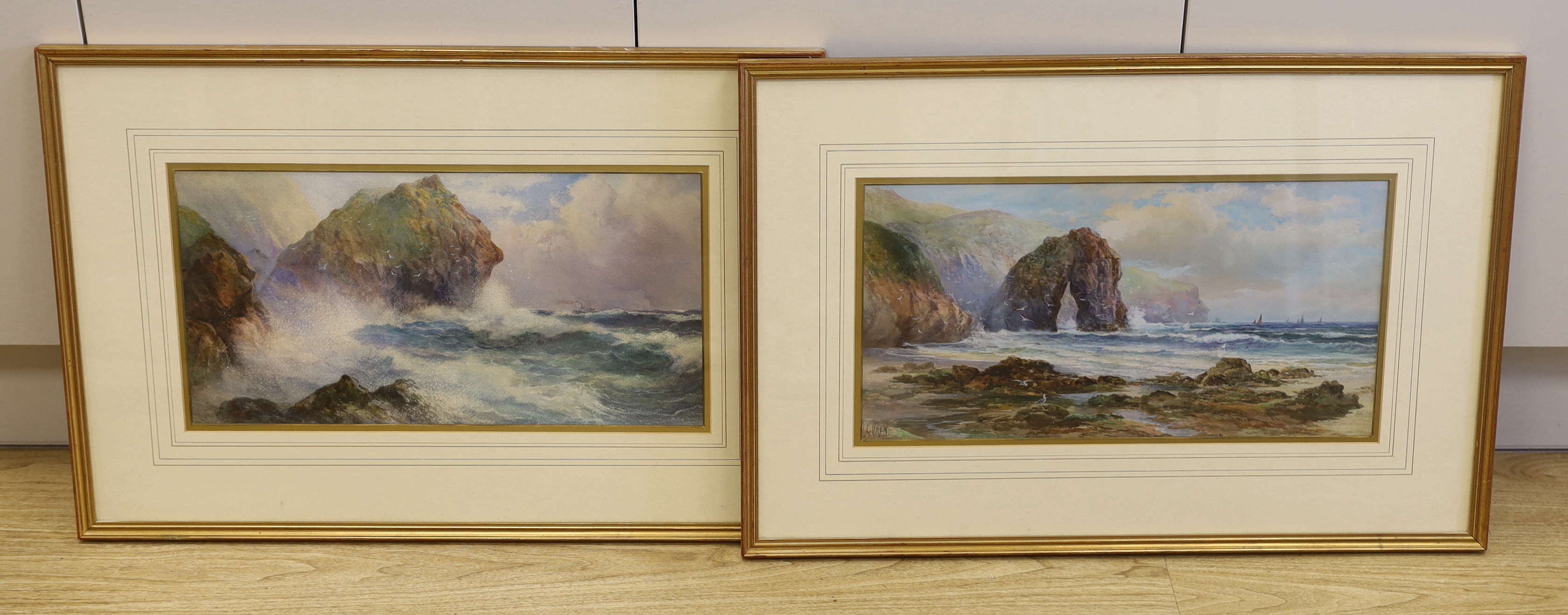 John Clarkson Isaac Uren (1845-1932) pair of heightened watercolours, Devon coastline scenes, signed, 48 x 24cm                                                                                                             