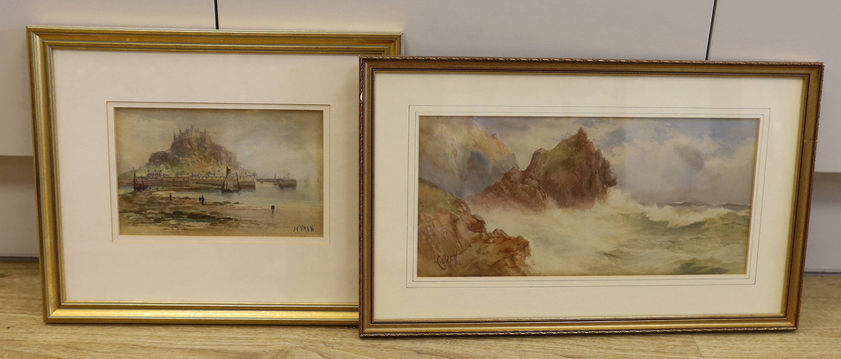 John Clarkson Isaac Uren (1845-1932) two watercolours, 'Gull Rock' and one other, signed, one with Gallery label verso, largest 35 x 16cm                                                                                   