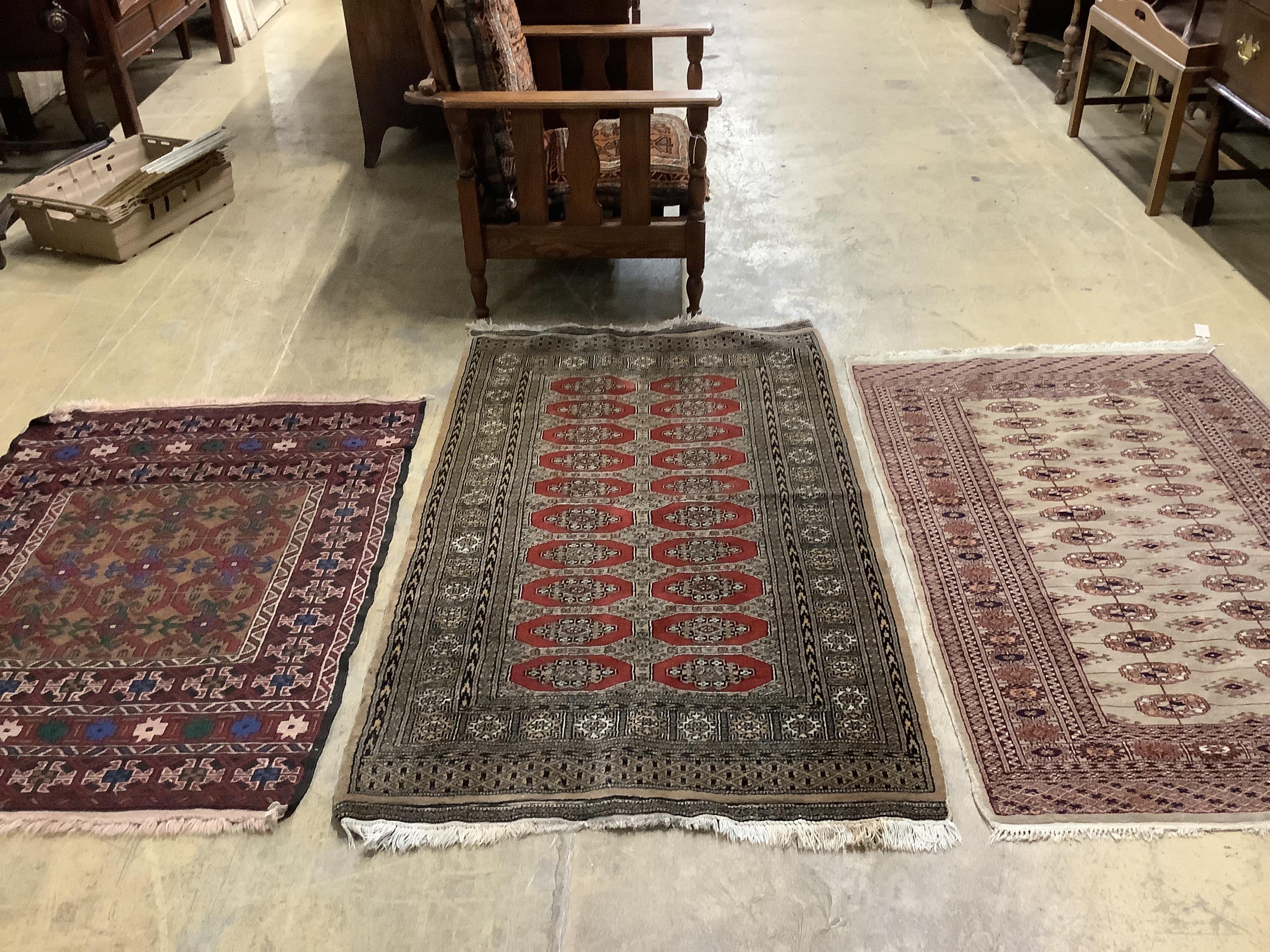 Two Bokhara rugs and a Baktiari Kilim rug, largest 160 x 98cm                                                                                                                                                               