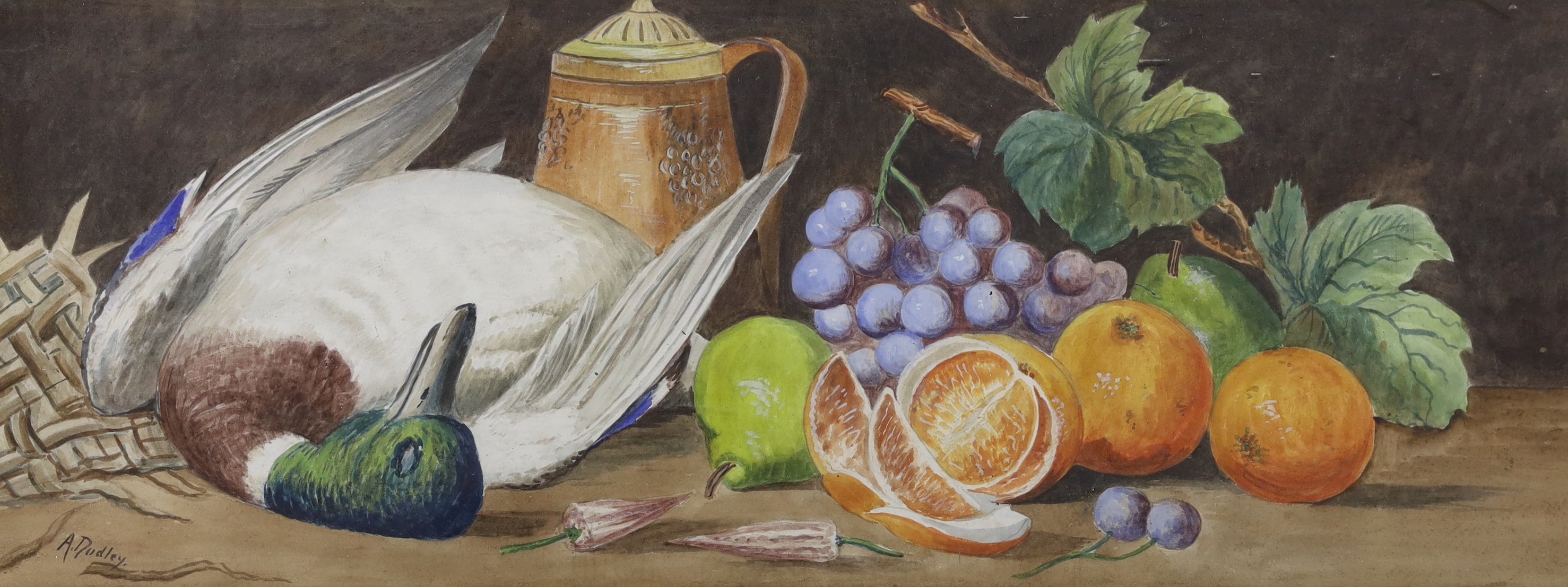 Giovanni Barbaro / AKA Arthur Dudley (1864-1915), watercolour, Still life of a duck and fruit, signed, 26 x 70cm                                                                                                            