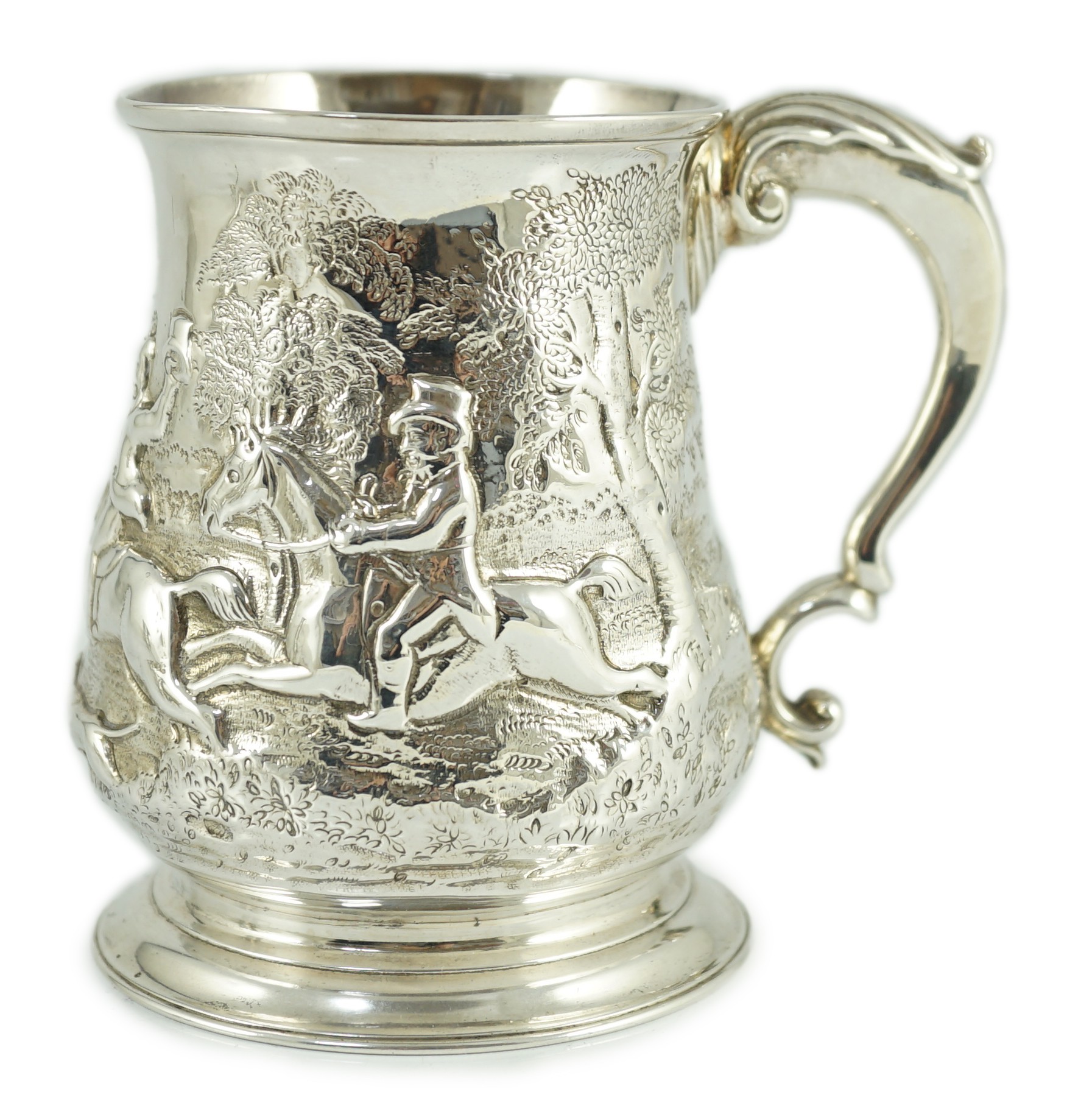 A George II silver baluster mug, later embossed with continuous hunting scene, Richard Gosling                                                                                                                              