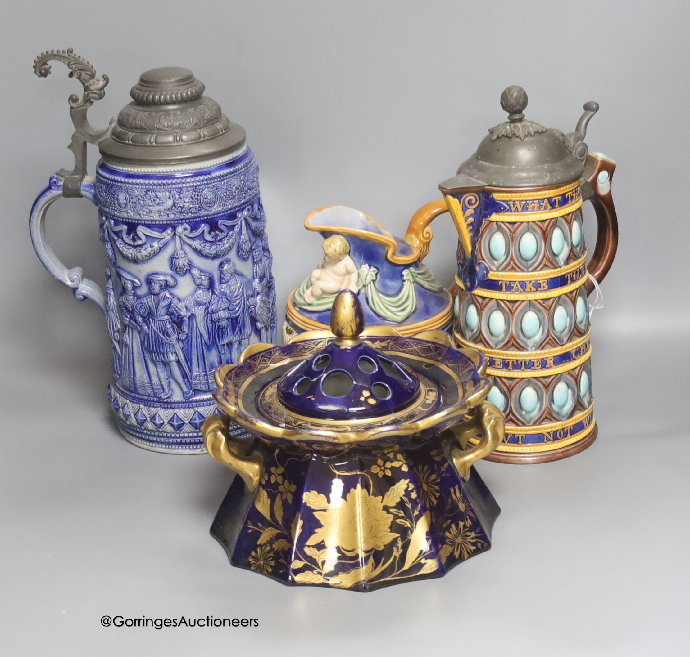 A Wedgwood pewter lidded majolica jug, a Majolica style jug, a stein and a 19th century Masons pot pourri, tallest 32cm                                                                                                     