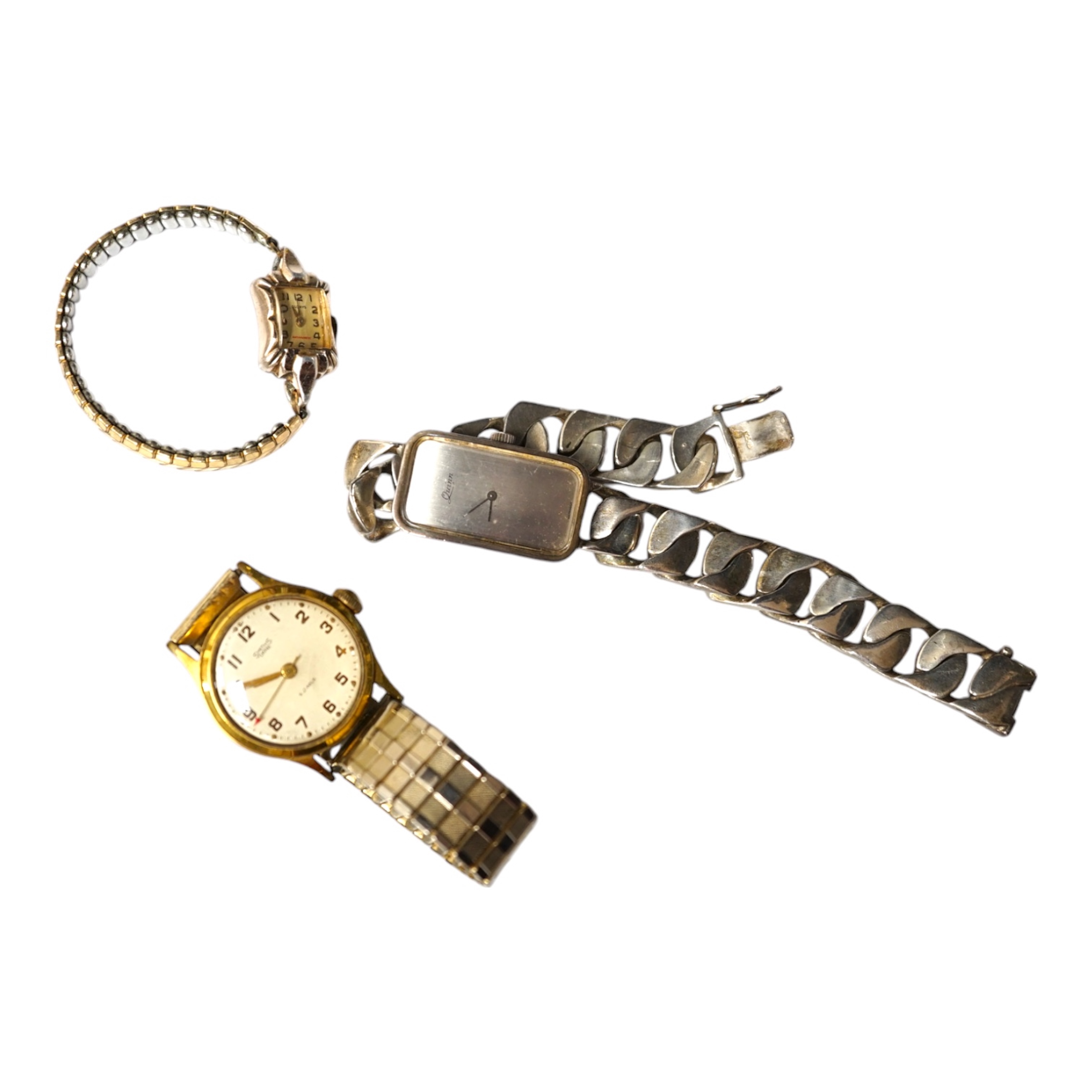 A lady's modern 925 Quinn wrist watch, with heavy silver curb link bracelet and two other wrist watches including a Smiths Empire. Condition - poor to fair                                                                 