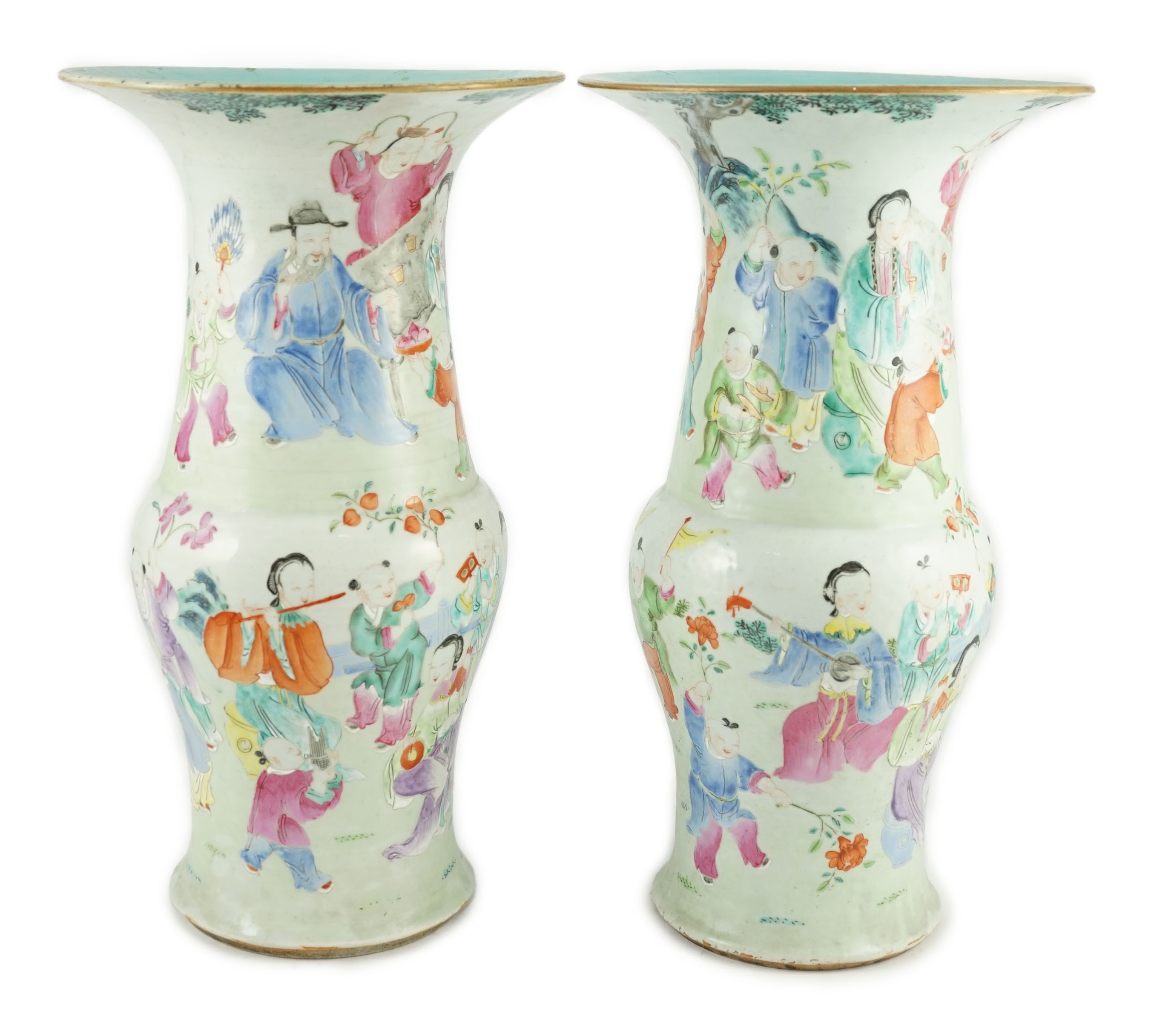 A pair of Chinese famille rose fencai ‘boys’ baluster vases, 19th century, 39.7 and 40cm high, hairline cracks                                                                                                              