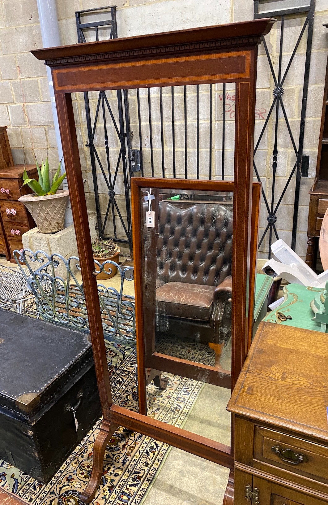 An Edwardian satinwood banded mahogany cheval mirror, width 74cm, height 187cm                                                                                                                                              