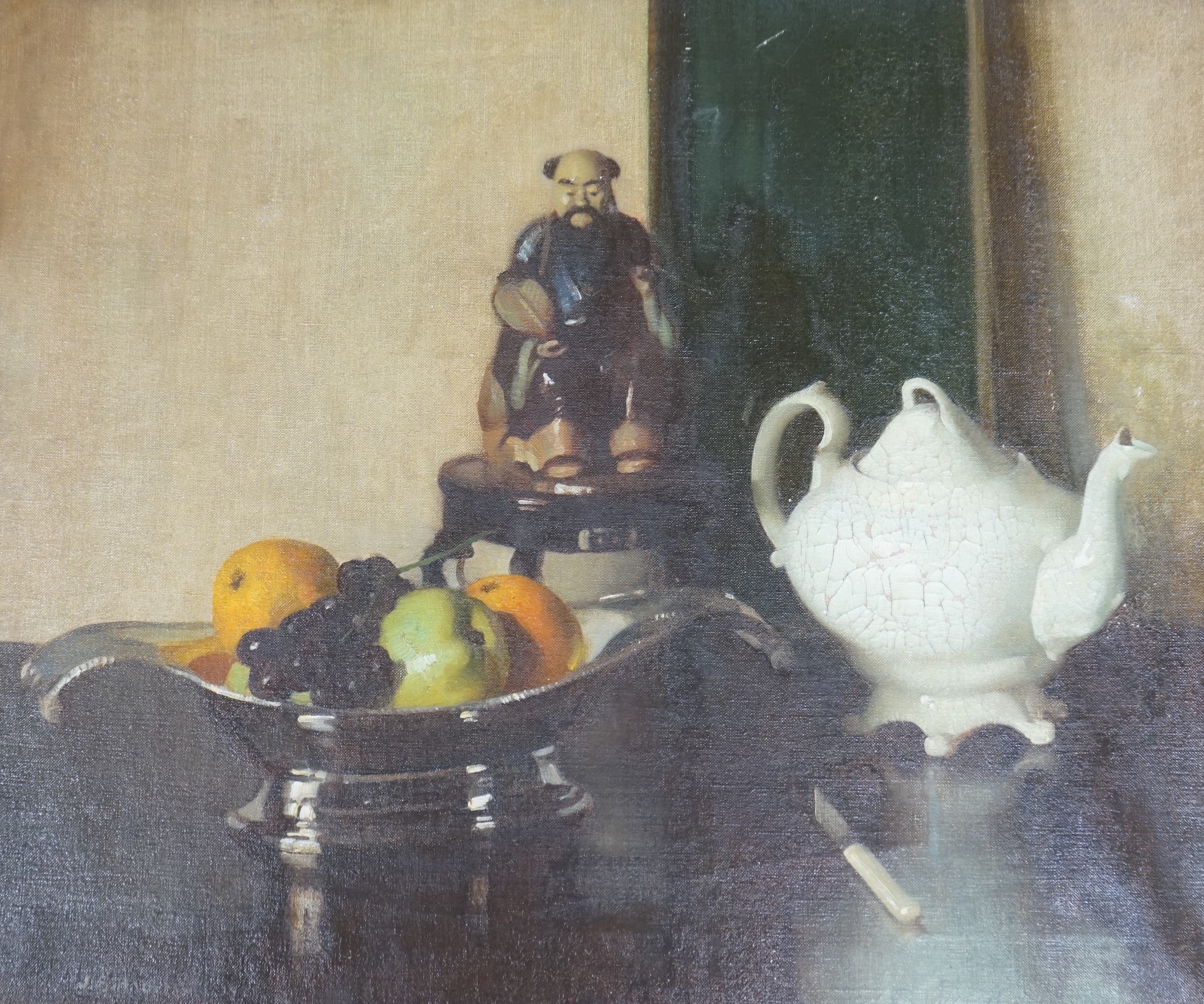 James Bell Anderson RSA, (Scottish 1886-1938), oil on canvas, Still life of fruit, a Chinese figure and a Victorian teapot, signed and dated '19, 50 x 60cm                                                                 