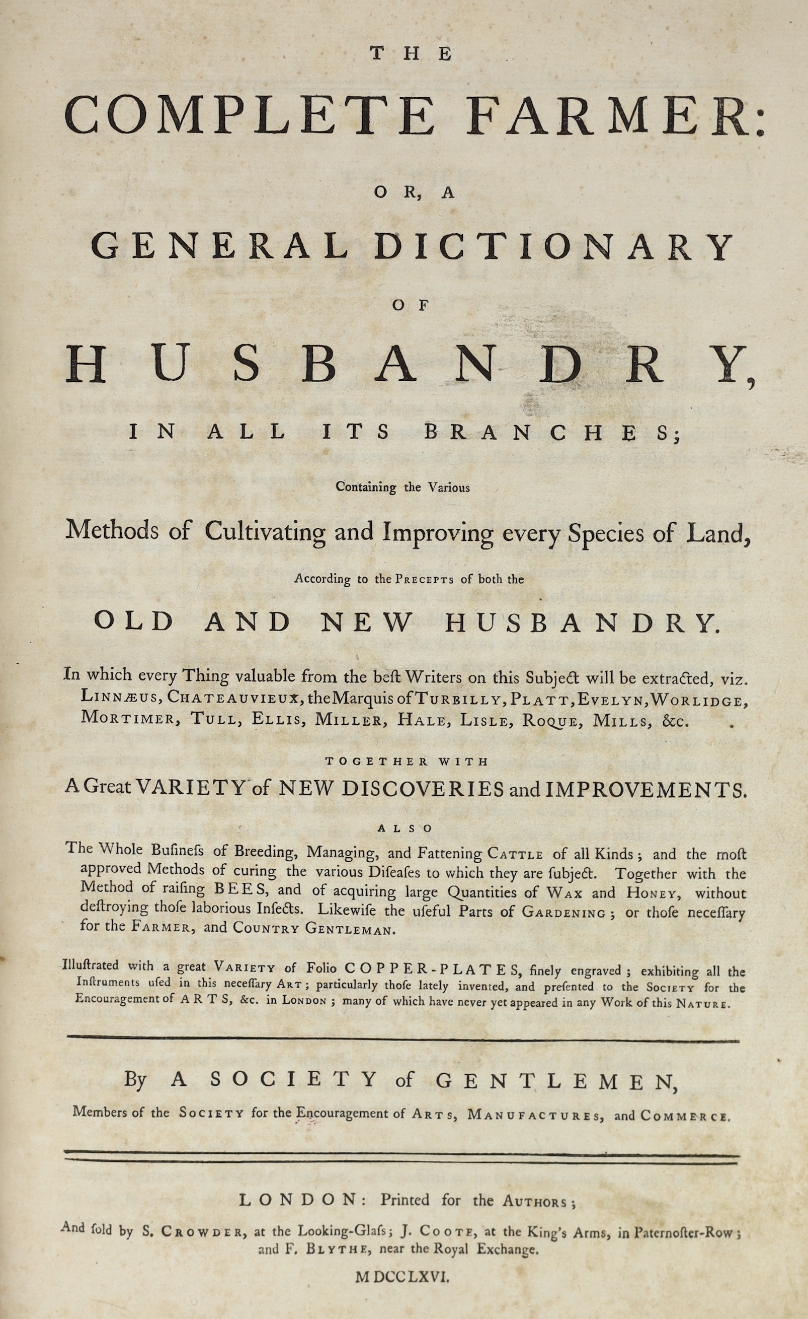 Society of Country Gentlemen - The Complete Farmer: or, a General Dictionary of Husbandry, in all its branches ... frontis and 27 plates; newly rebound half calf and marbled boards, gilt ruled panelled spine, folio. prin