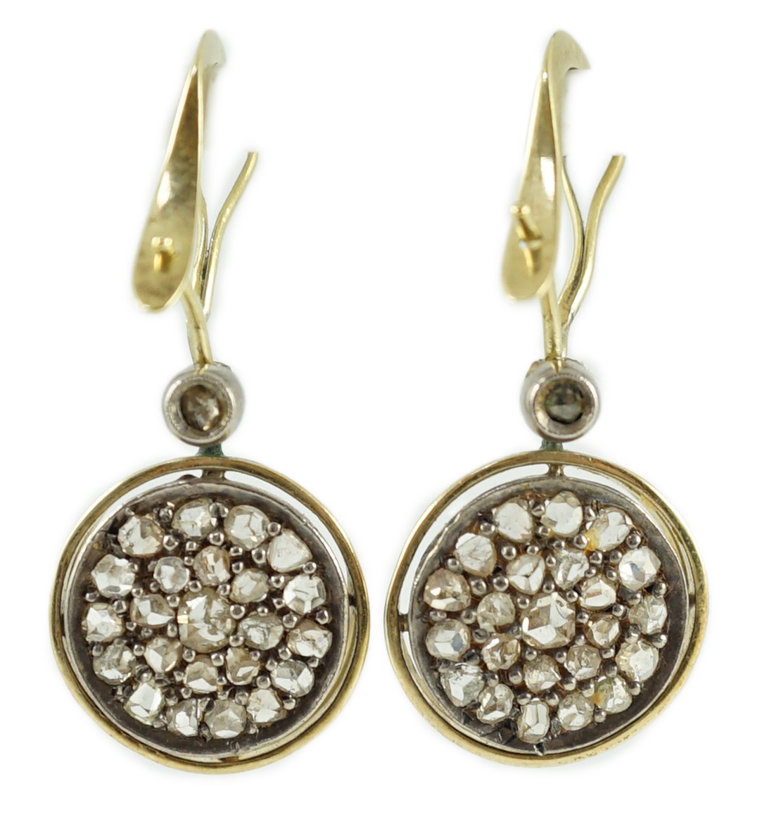 A pair of gold and rose cut diamond cluster set target drop earrings                                                                                                                                                        