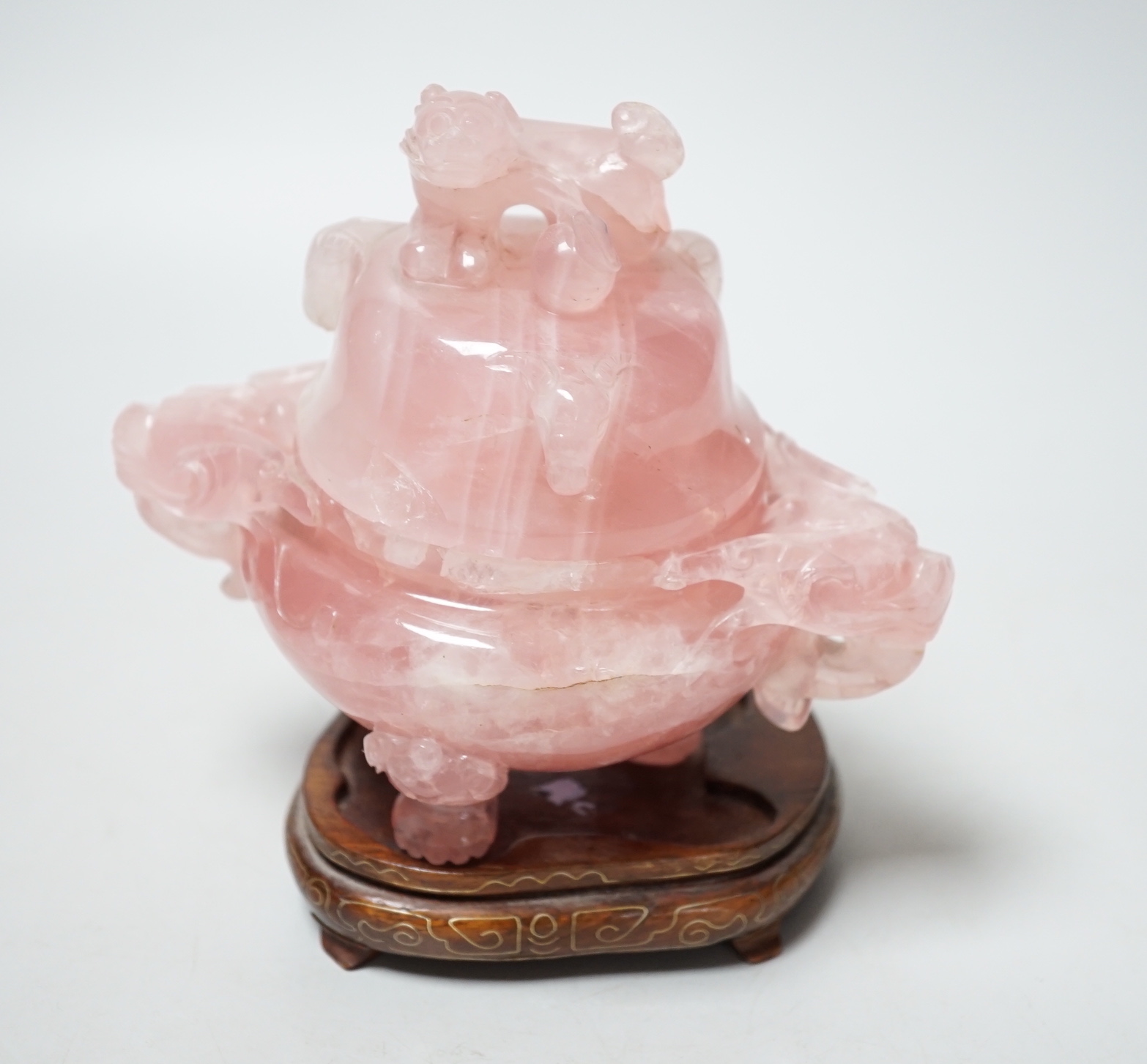 A Chinese rose quartz censer and cover, 13cm high, wood stand                                                                                                                                                               