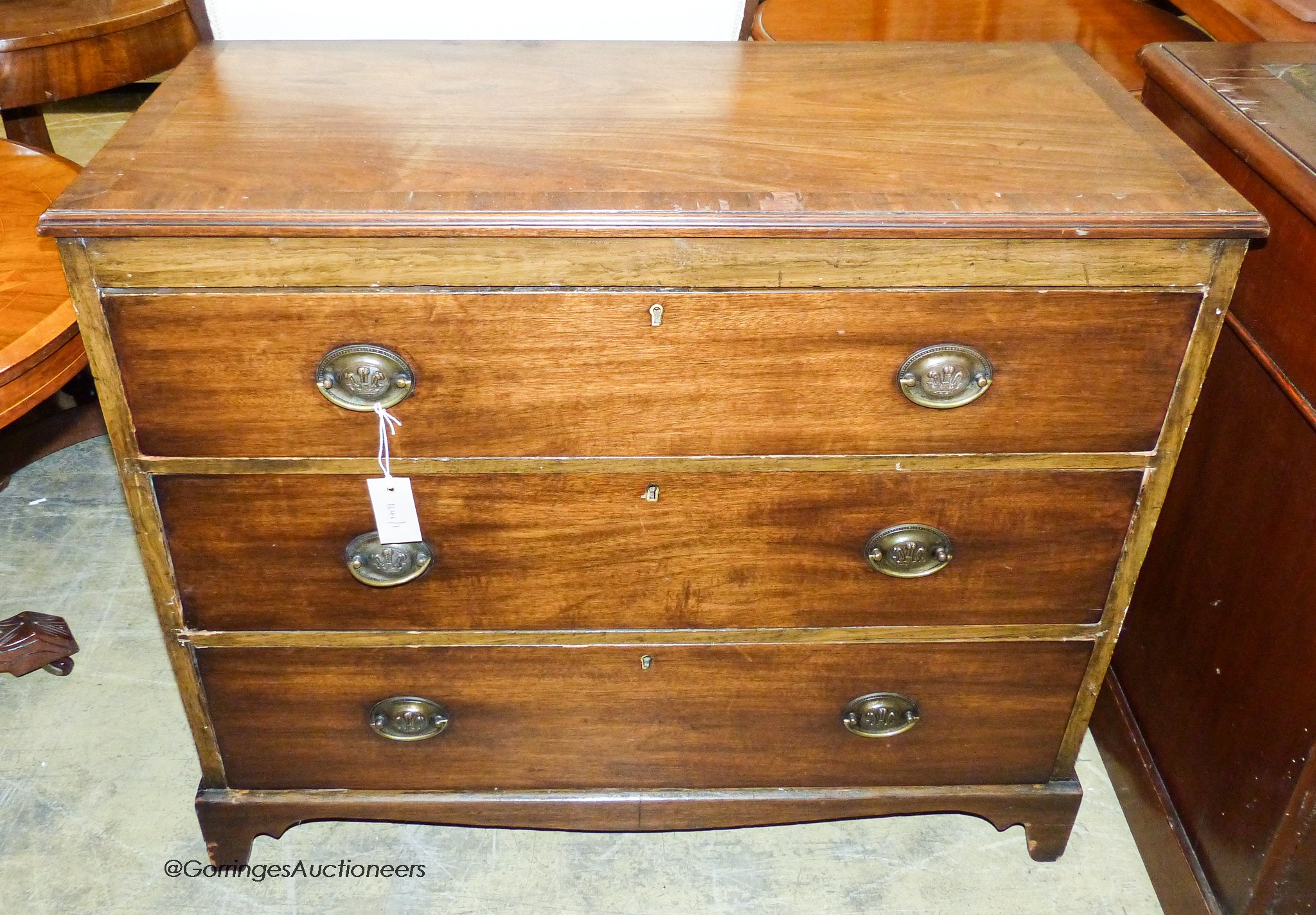 A 19th century mahogany three drawer chest, width 90cm, depth 41cm, height 78cm                                                                                                                                             