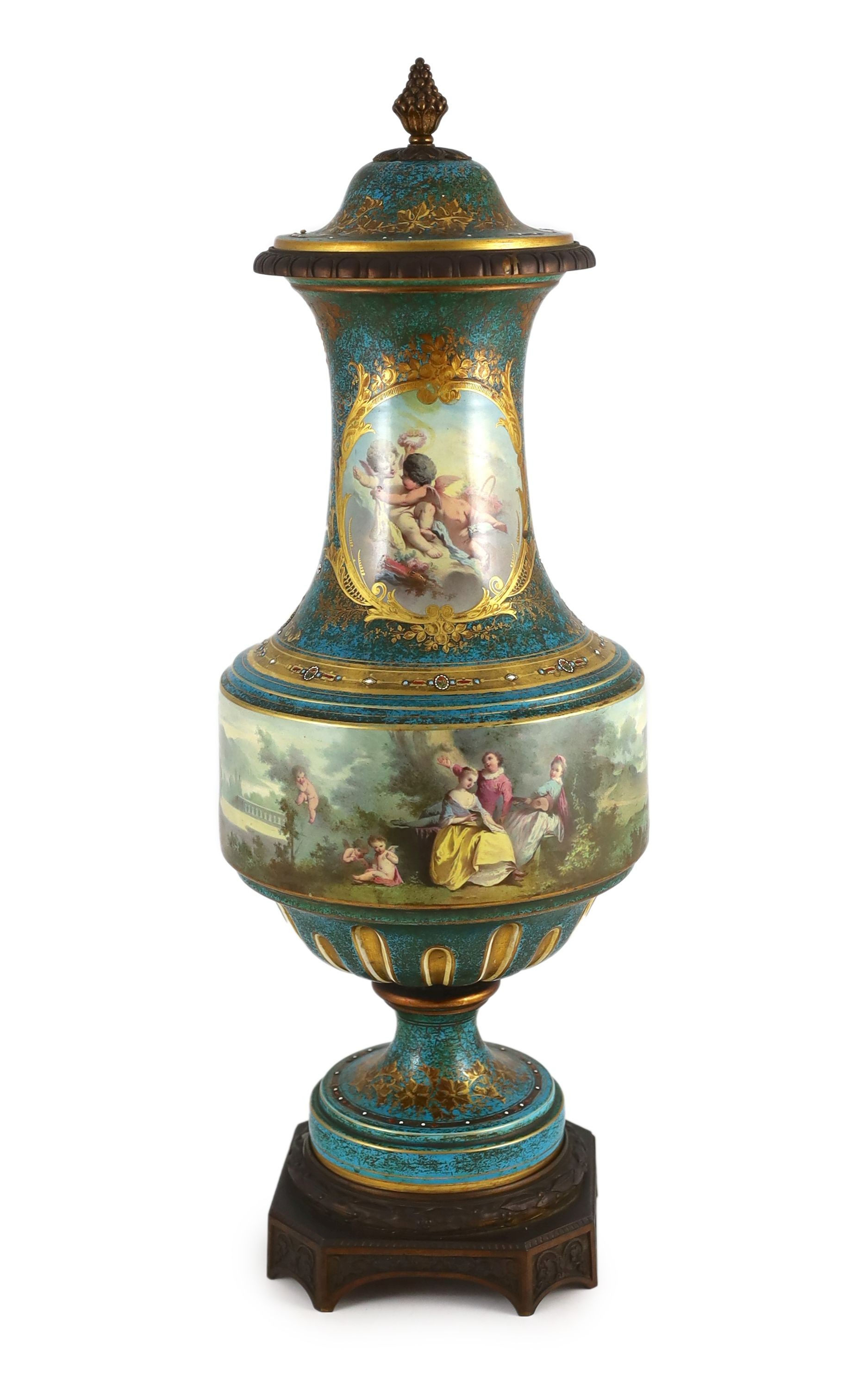 A large Sevres style porcelain ormolu mounted vase and cover, late 19th century, 61.5cm high, stained                                                                                                                       