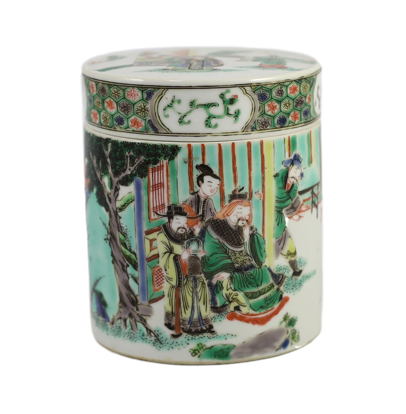 A Chinese famille verte cylindrical jar and cover, 19th century, 11.5cm high                                                                                                                                                