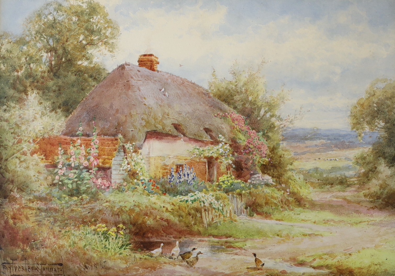 Henry John Sylvester Stannard (1870-1951), watercolour, Ducks beside a cottage, signed, 24 x 34cm                                                                                                                           