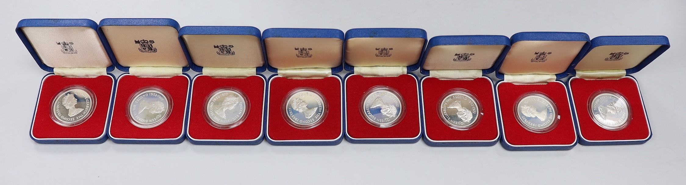 Eight Royal Mint Commonwealth commemorative proof silver crowns                                                                                                                                                             