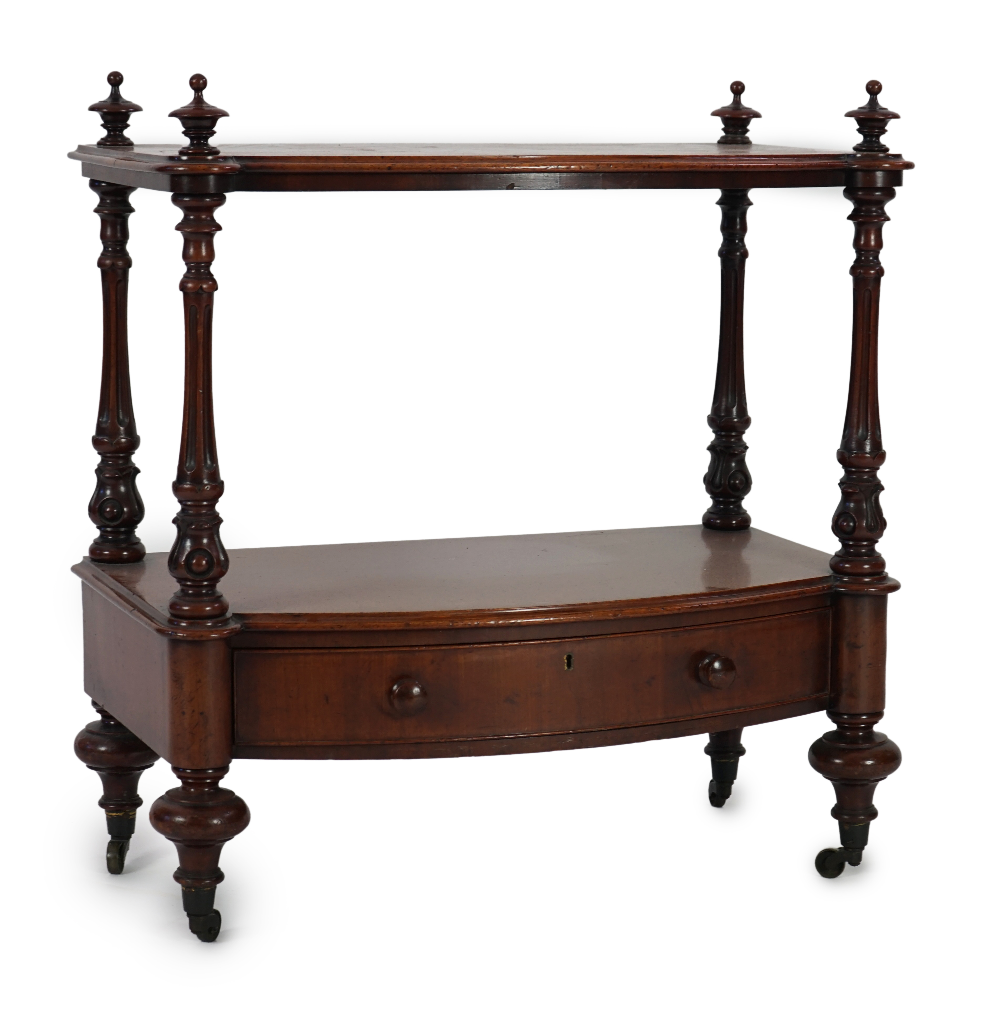 A Victorian mahogany bow fronted two tier whatnot, with fitted drawer, width 66cm, height 73cm. Condition - good                                                                                                            