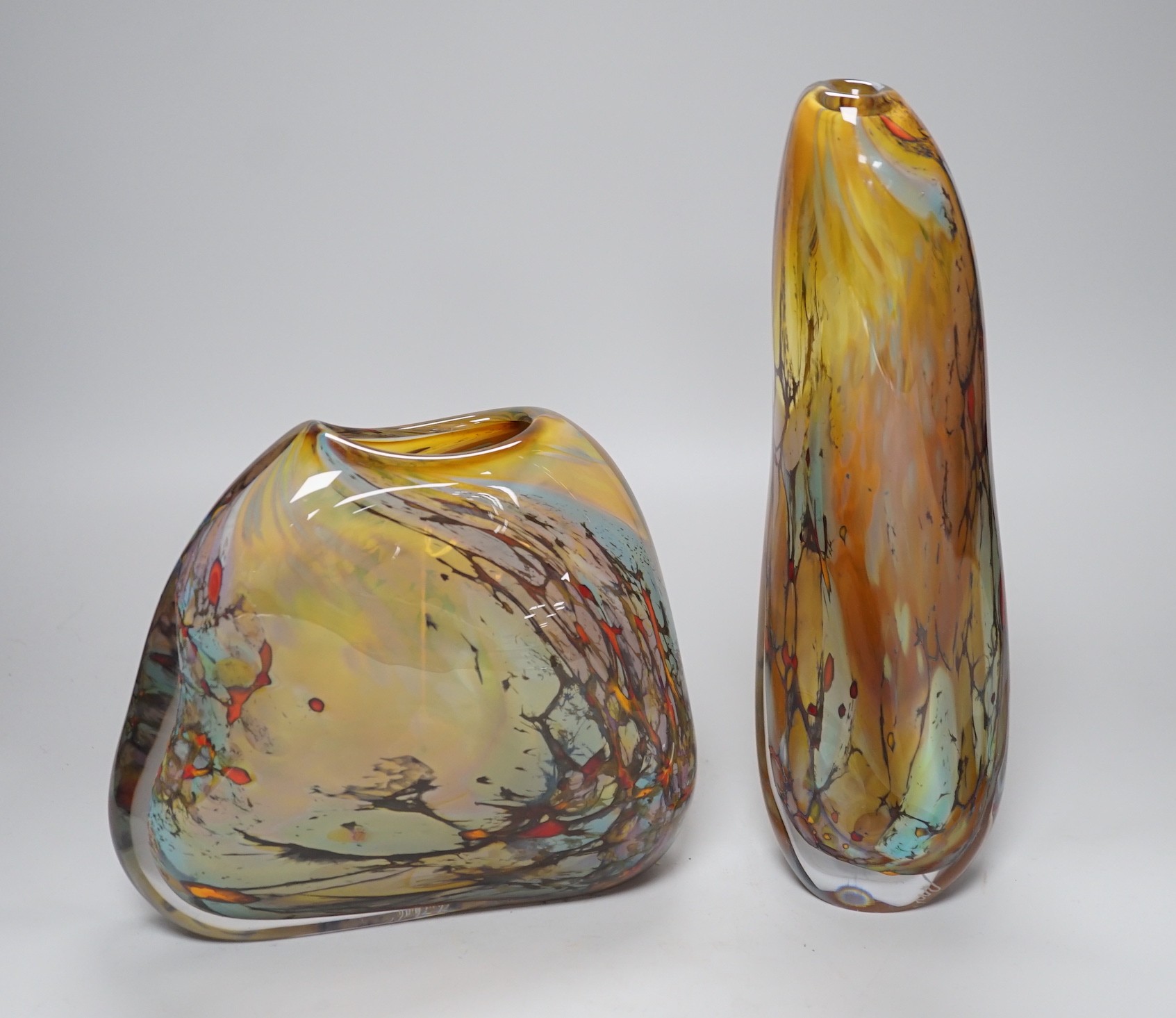Two contemporary free-form studio glass vases, indistinctly signed, tallest 29cms high                                                                                                                                      