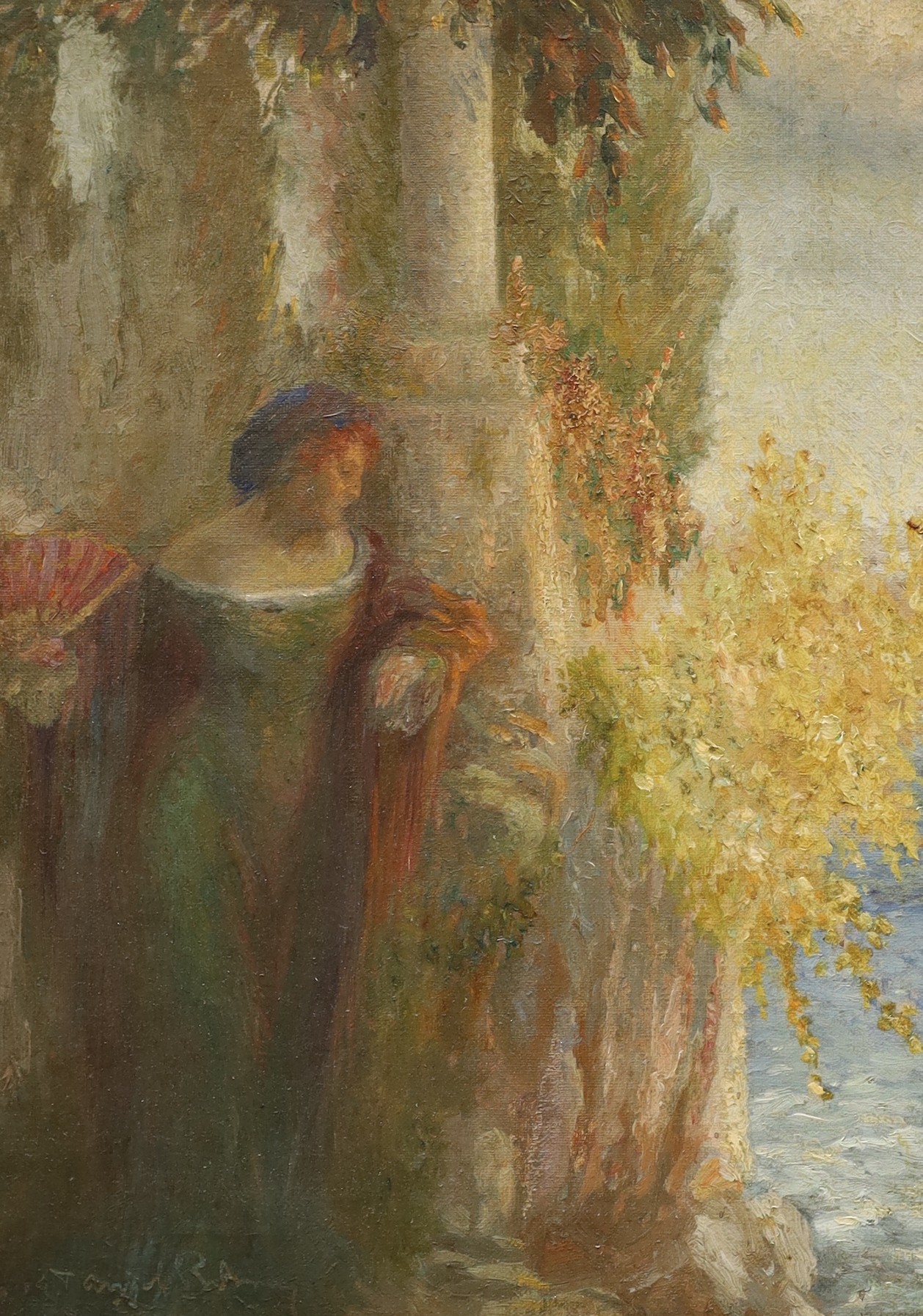 English School c.1900, oil on canvas, Italianate figure beside the shore, indistinctly signed, 40 x 29cm                                                                                                                    
