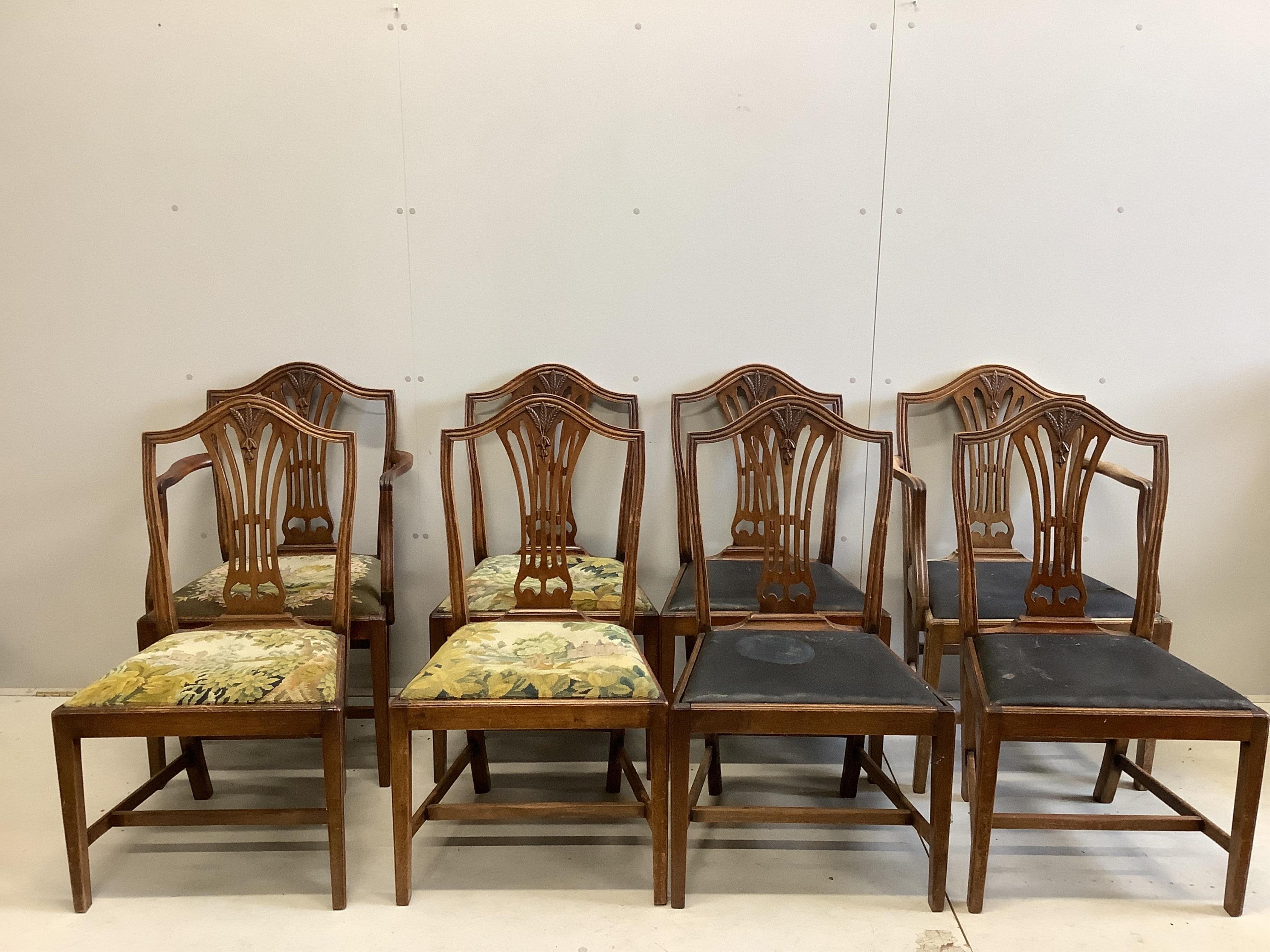 A set of eight George III style mahogany dining chairs, including two carvers, with carved wheat sheaf design. Condition - poor                                                                                             