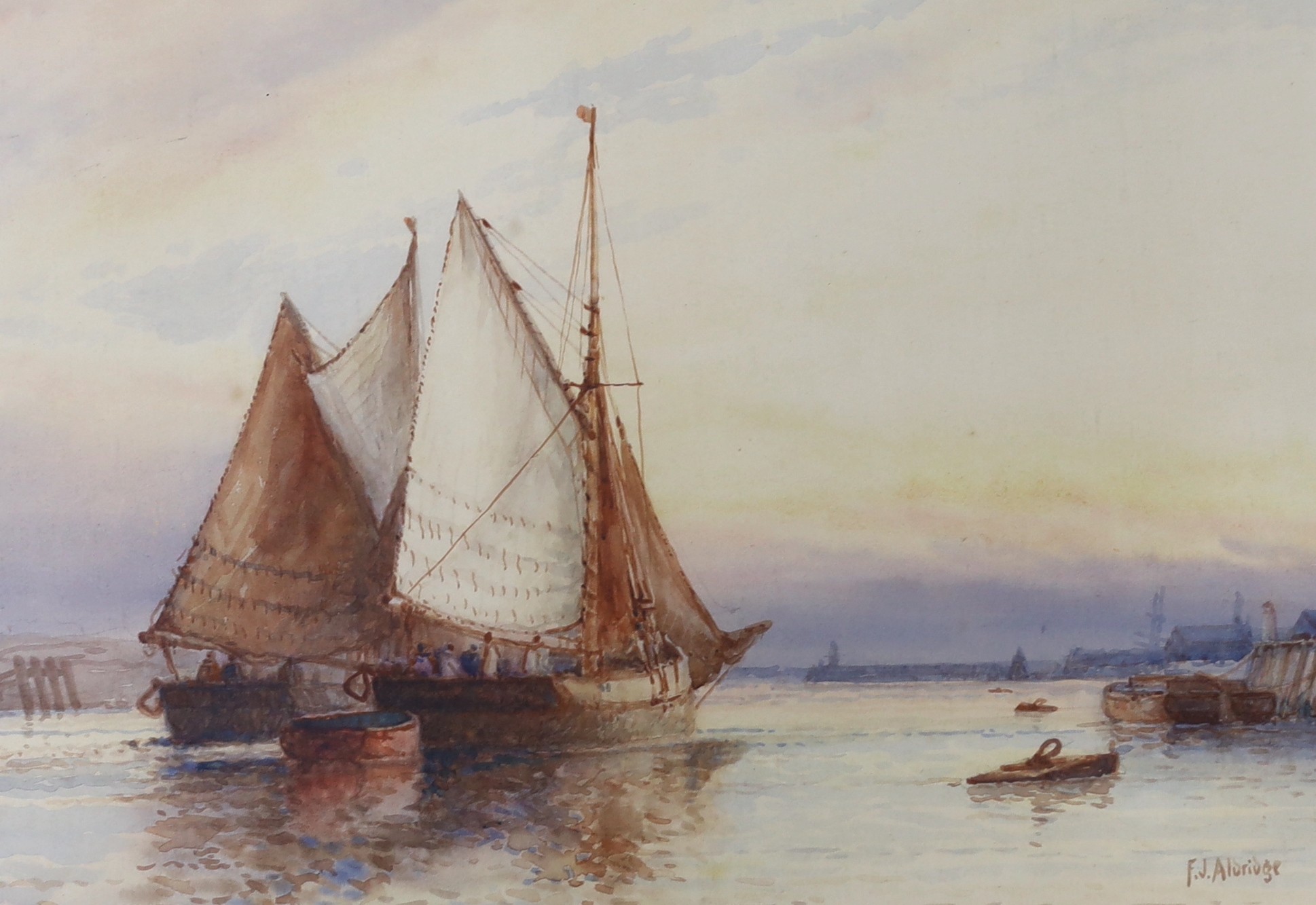 Frederick James Aldridge (1850-1933), watercolour, Sail barges leaving harbour, signed, 26 x 37cm                                                                                                                           
