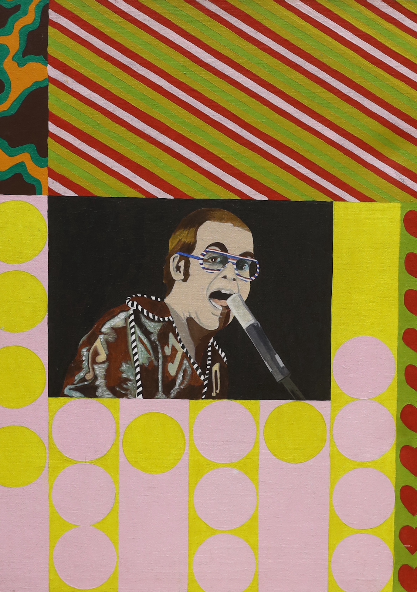 Modern British, oil on canvas, Elton John, 61 x 46cm, unframed                                                                                                                                                              