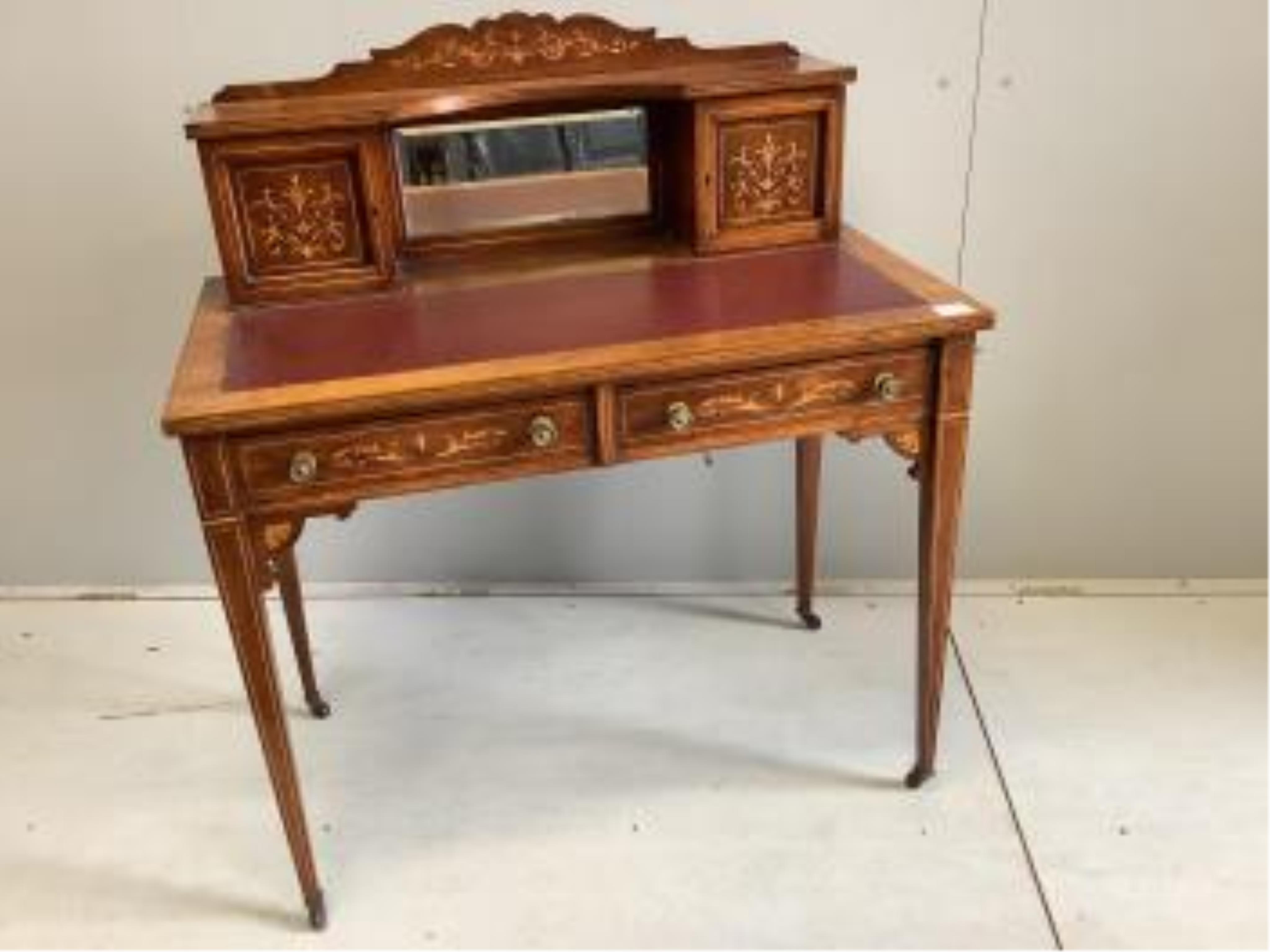 An Edwardian marquetry inlaid rosewood kneehole desk, width 91cm, depth 51cm, height 103cm. Condition - fair-good                                                                                                           