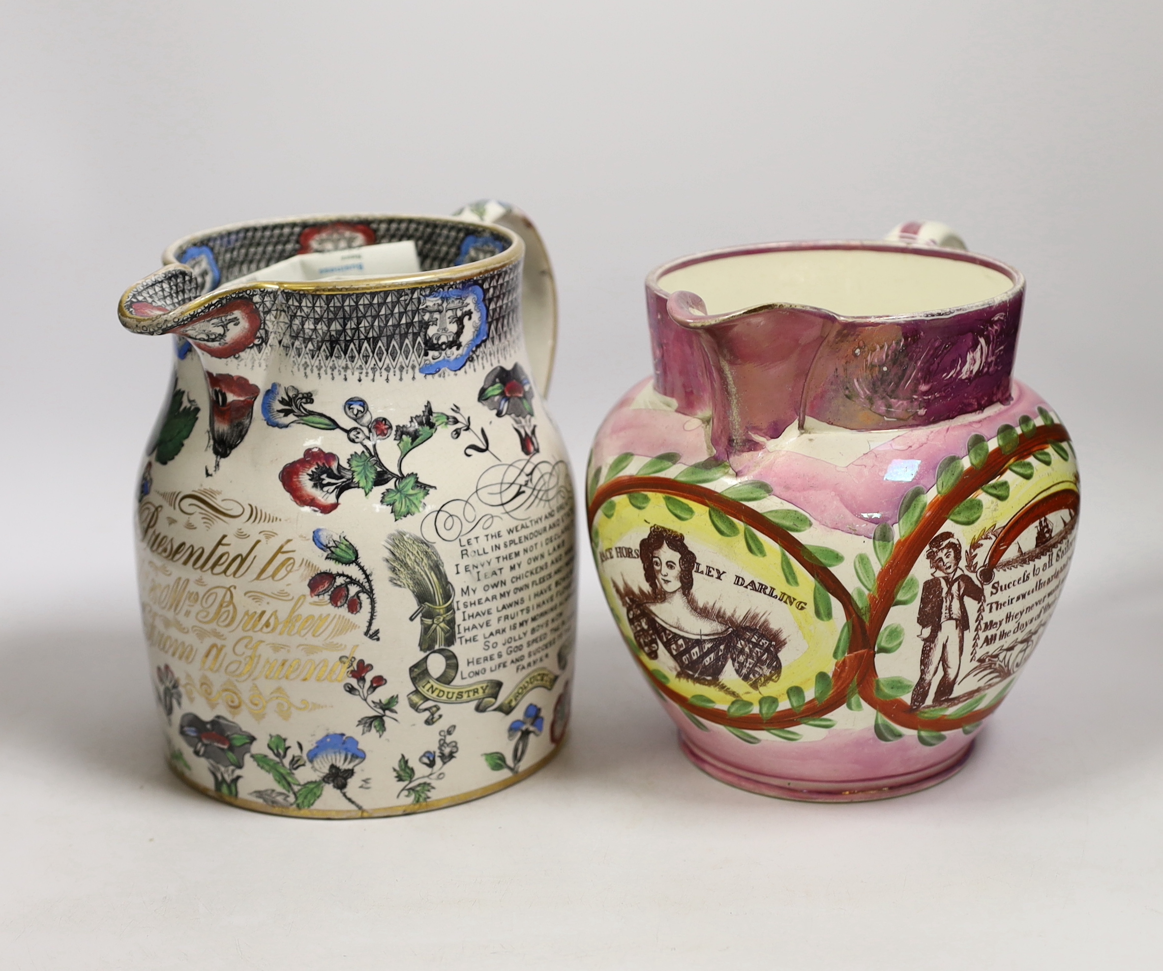 A Victorian ‘Speed the Plough’ jug and a Sunderland and Tyne ‘Grace Darling’ commemorative pink lustre jug, largest 19cm                                                                                                    