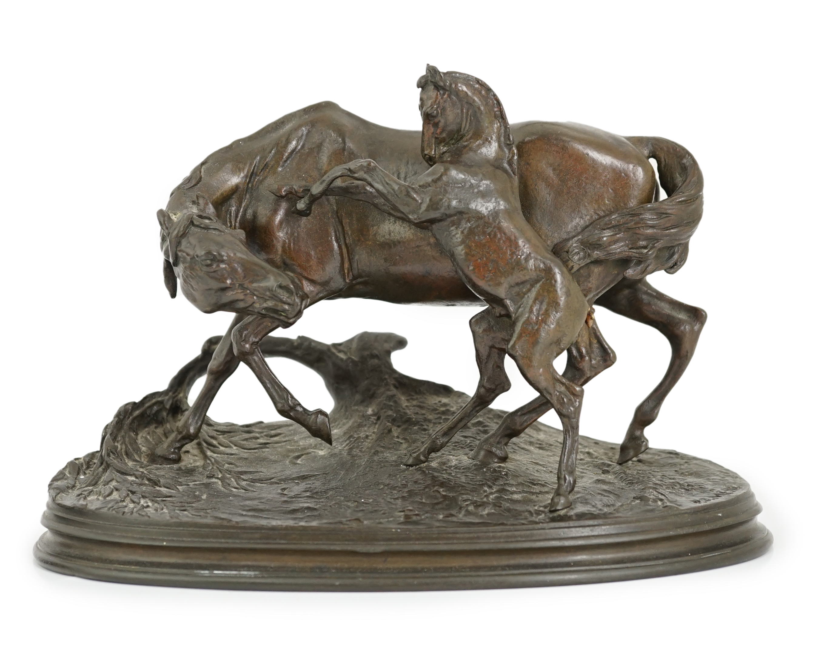 Pierre-Jules Mêne (French, 1810-1871), a 19th century French bronze group 'Jument Et Son Poulain', 26.5cm wide, 12.5cm deep, 17cm high                                                                                      