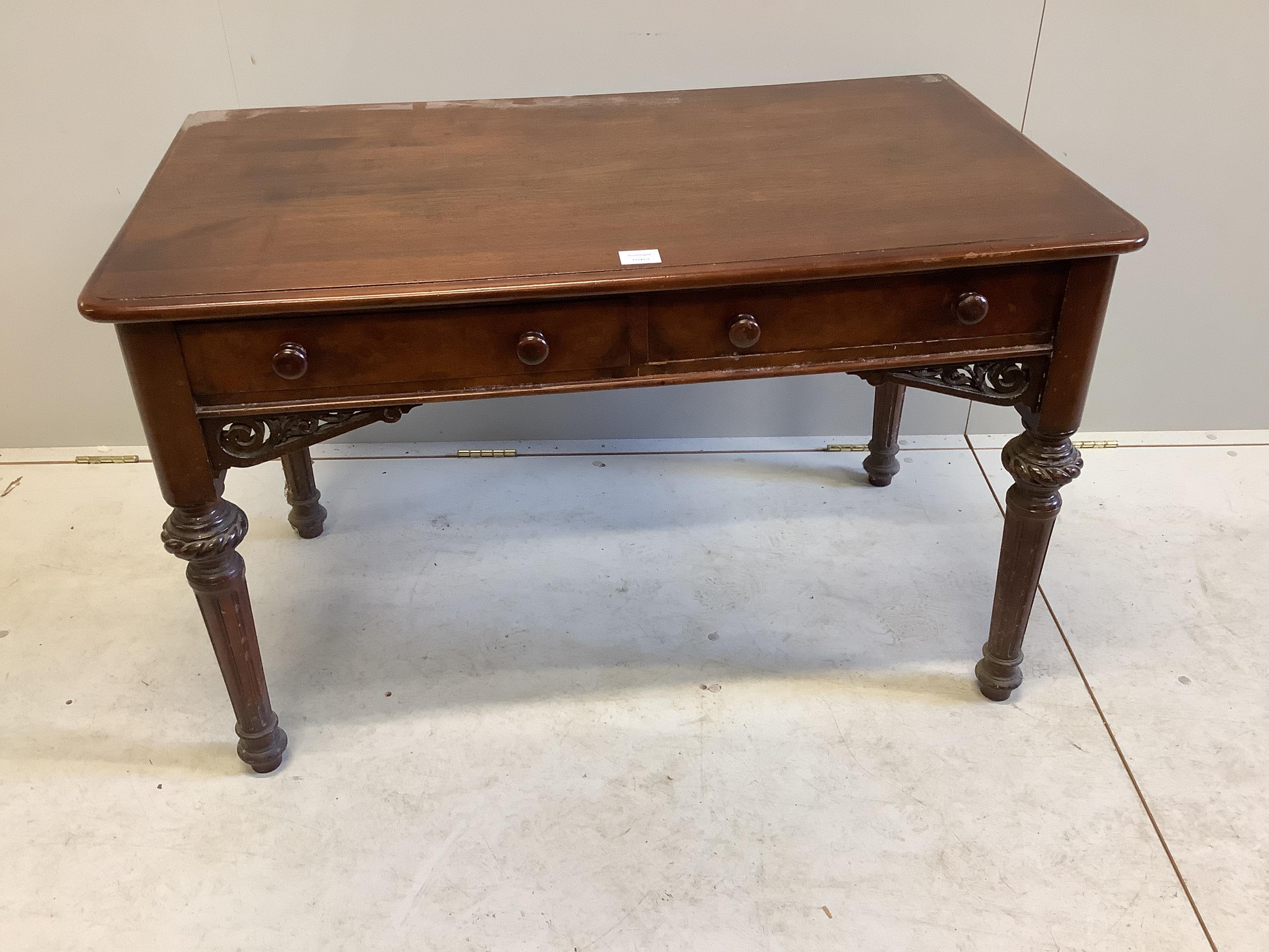 A Victorian mahogany two drawer side table, stamped Beal & Son, London, width 107cm, depth 60cm, height 68cm                                                                                                                