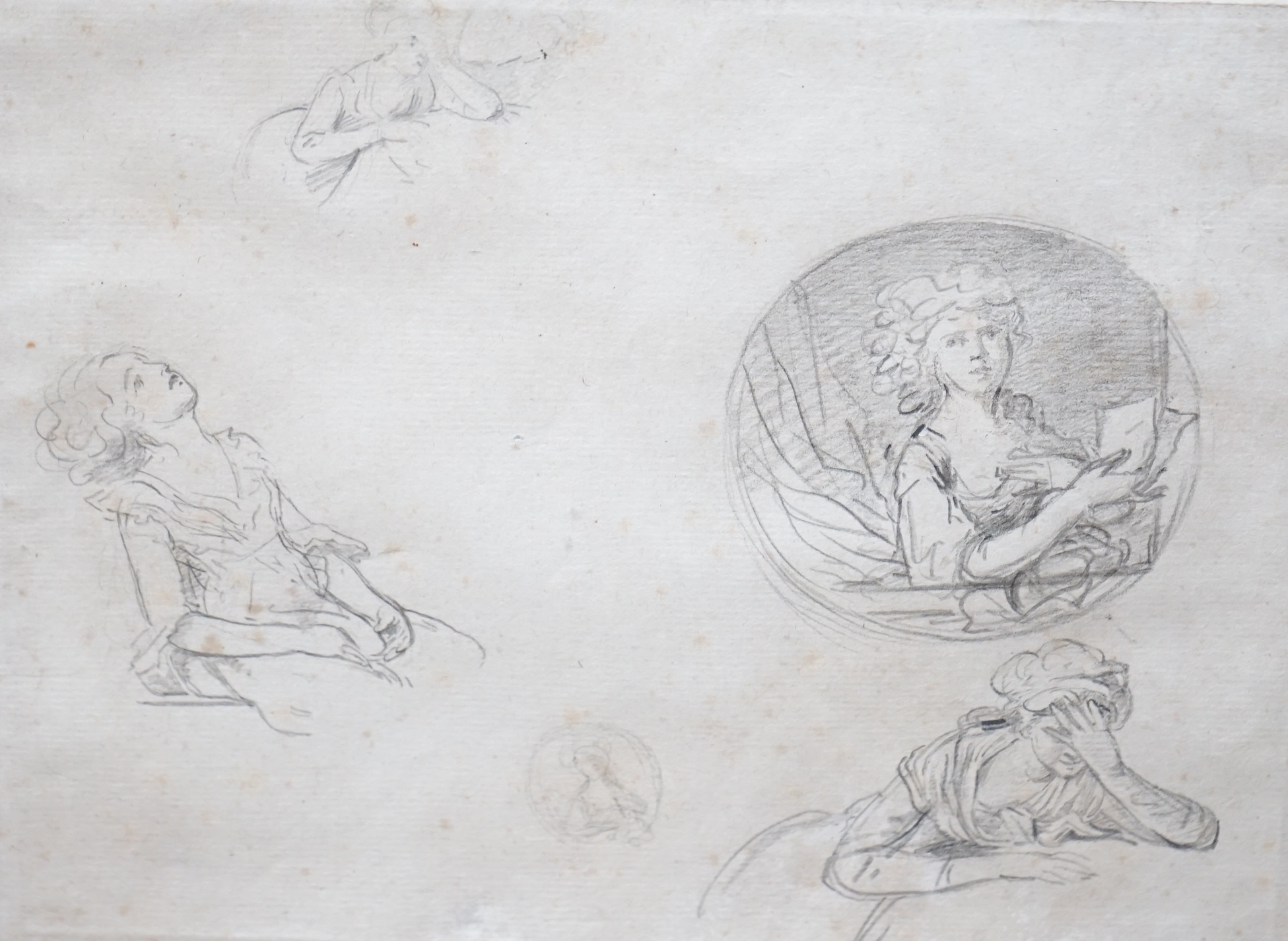 Attributed to Francoise L. Joseph Watteau de Lille (1758-1823), pencil on laid paper, Studies of young women seated, indistinct watermark, sheet size 20 x 24.7 cm (7.9 x 9.8 ins), framed. Condition - poor to fair, foxing