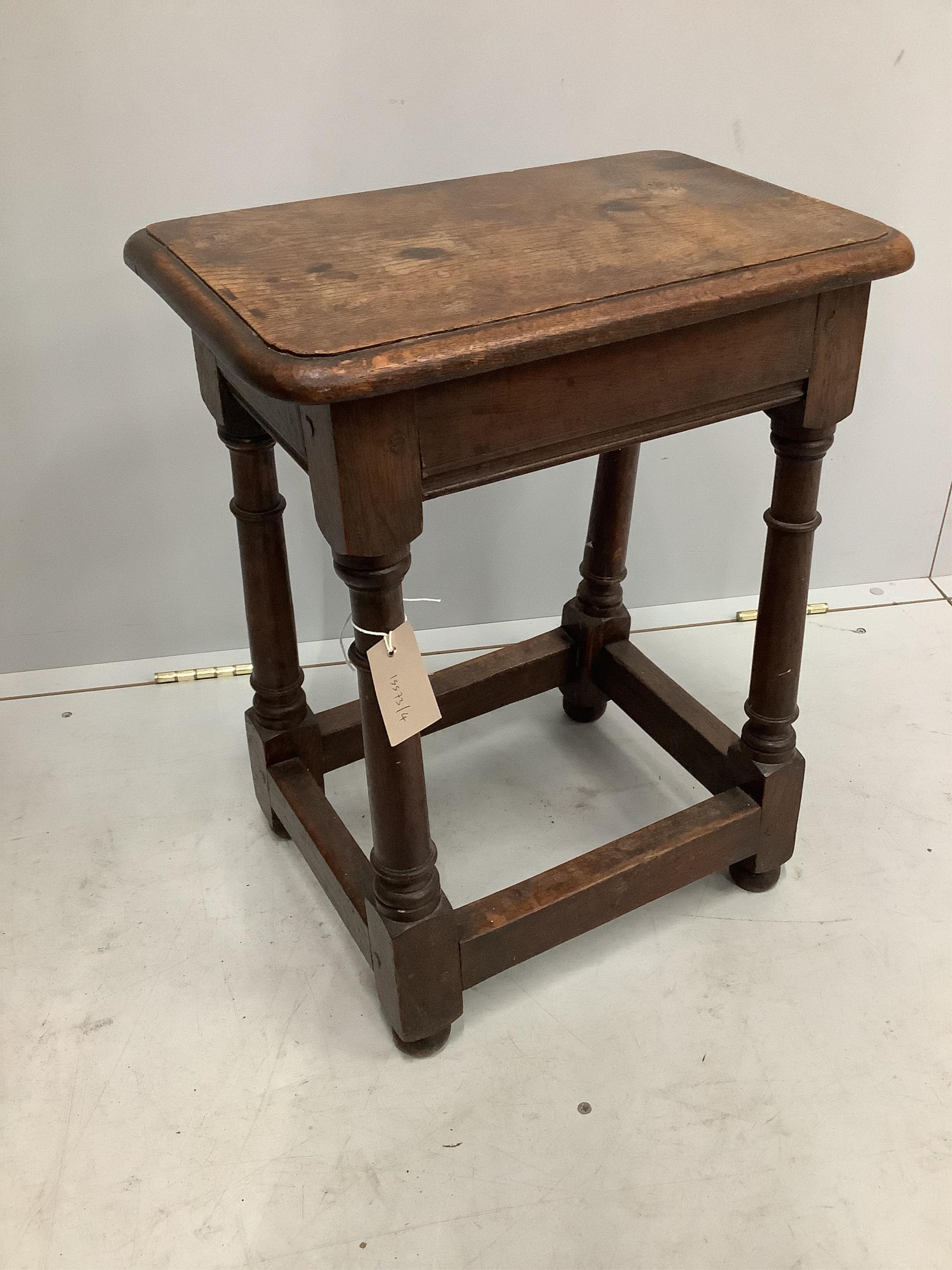 A 17th century style oak joint stool, width 45cm, height 56cm. Condition - fair to good                                                                                                                                     