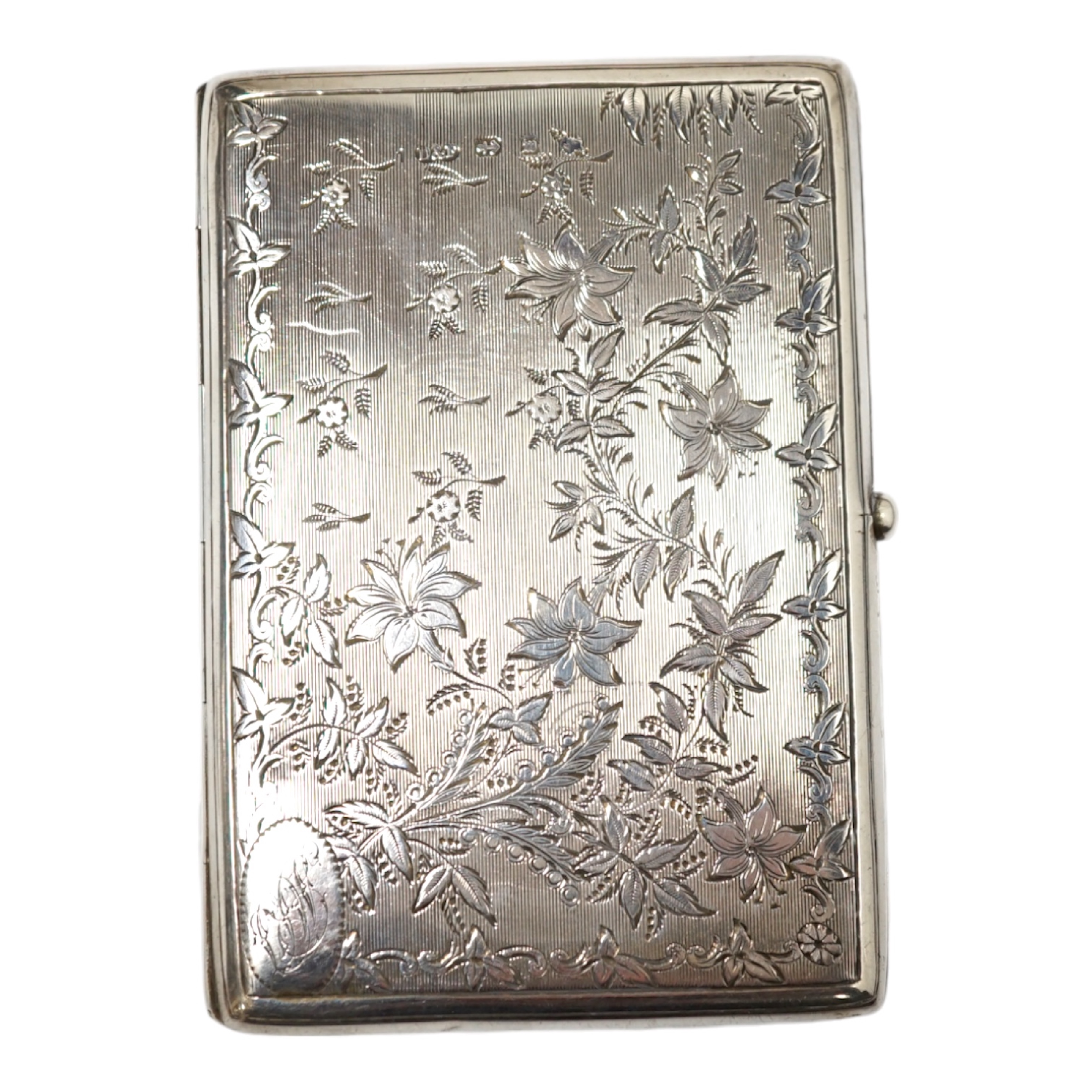 A Victorian engraved silver card purse with pencil and leather interior, Deakin & Francis, Birmingham, 1897, 10.5cm. Condition - good                                                                                       