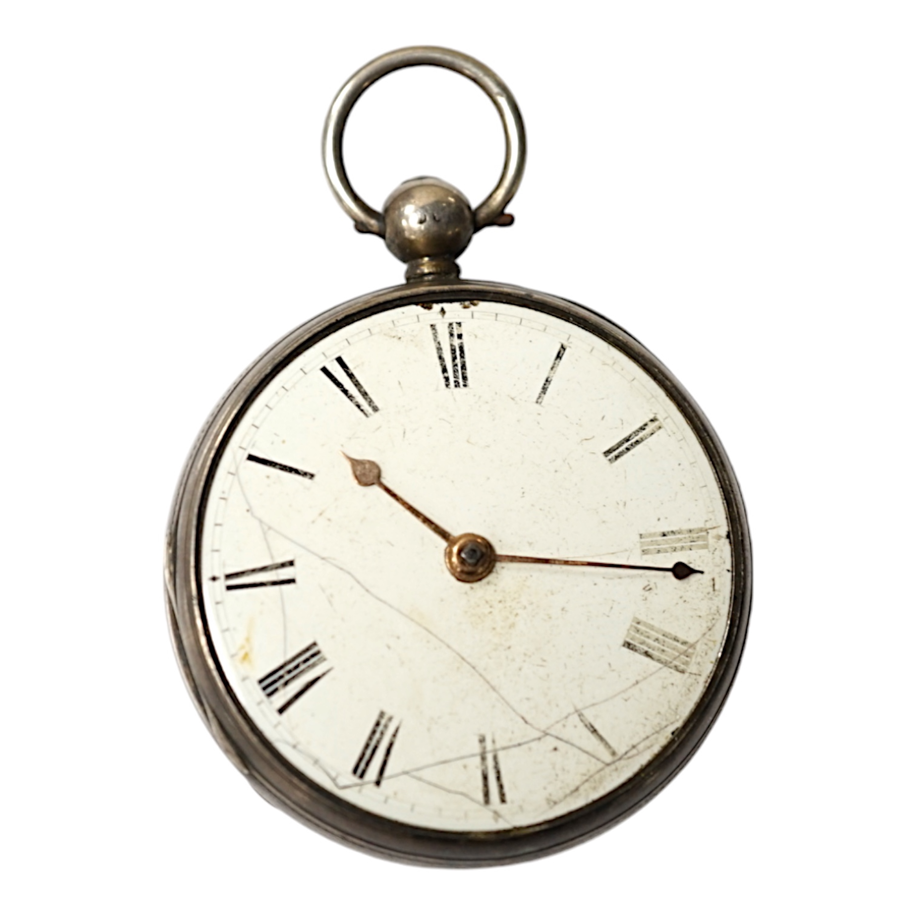 A Georgian silver open face key wind pocket watch, by Jno. Ellicott of London, lacking glass, case diameter 48mm. Condition - poor                                                                                          