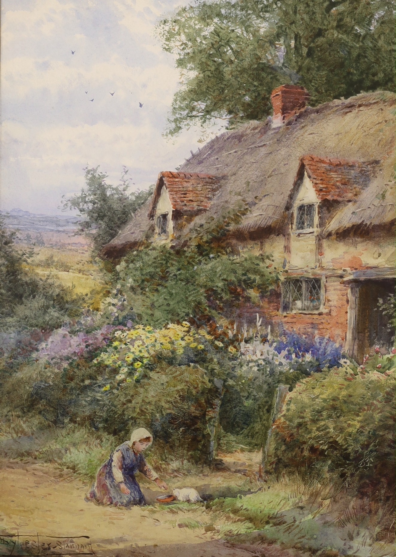 Henry John Sylvester Stannard (1870-1951), watercolour, Child and kitten beside a thatched cottage, signed, 35 x 25cm                                                                                                       