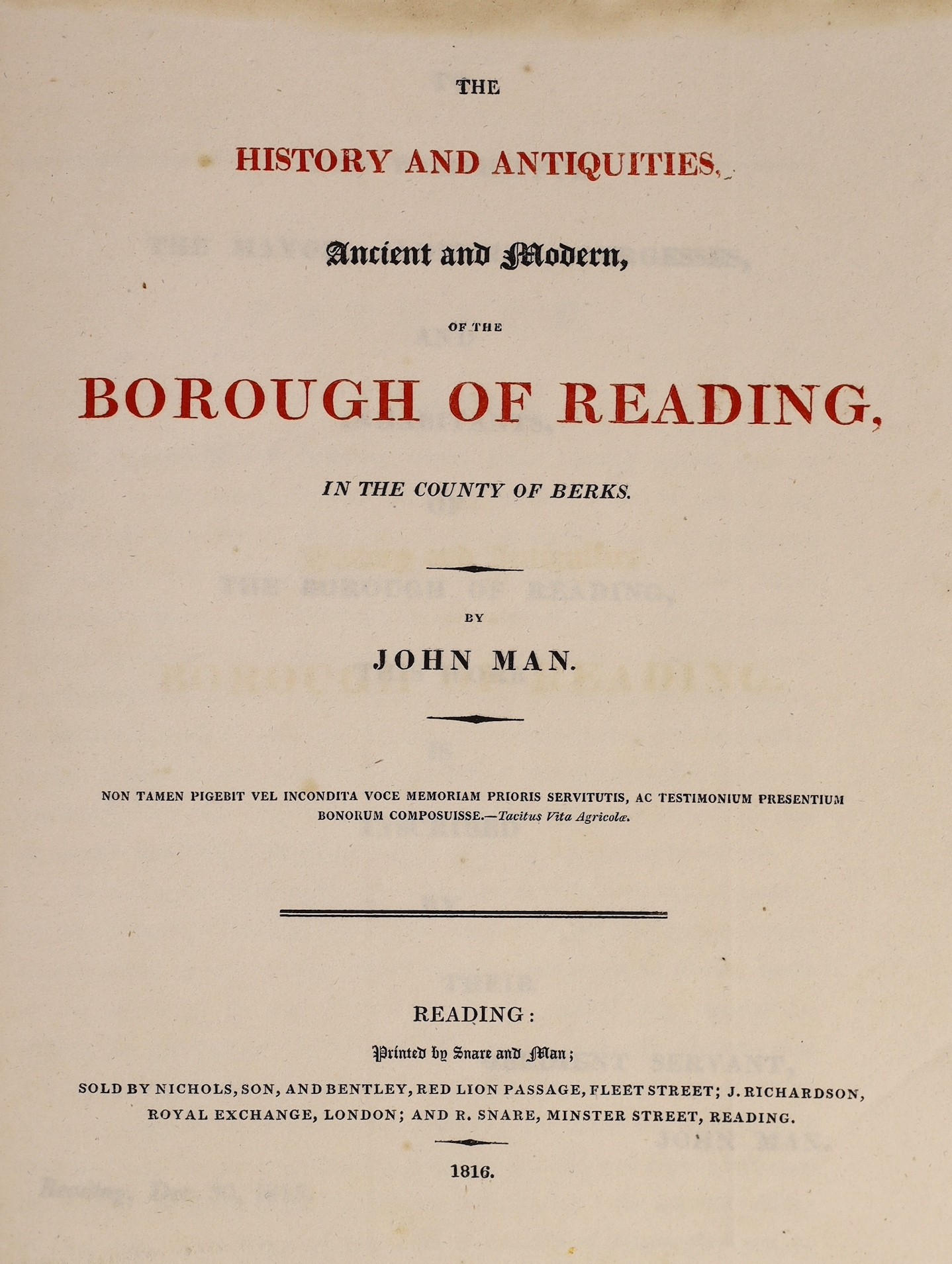 BERKSHIRE: Man, John - The History and Antiquities, Ancient and Modern, of the Borough of Reading ... 21 plates and plans (2 folded) and a folded facsimile, text engravings, half title, errata slip at end; old reversed c