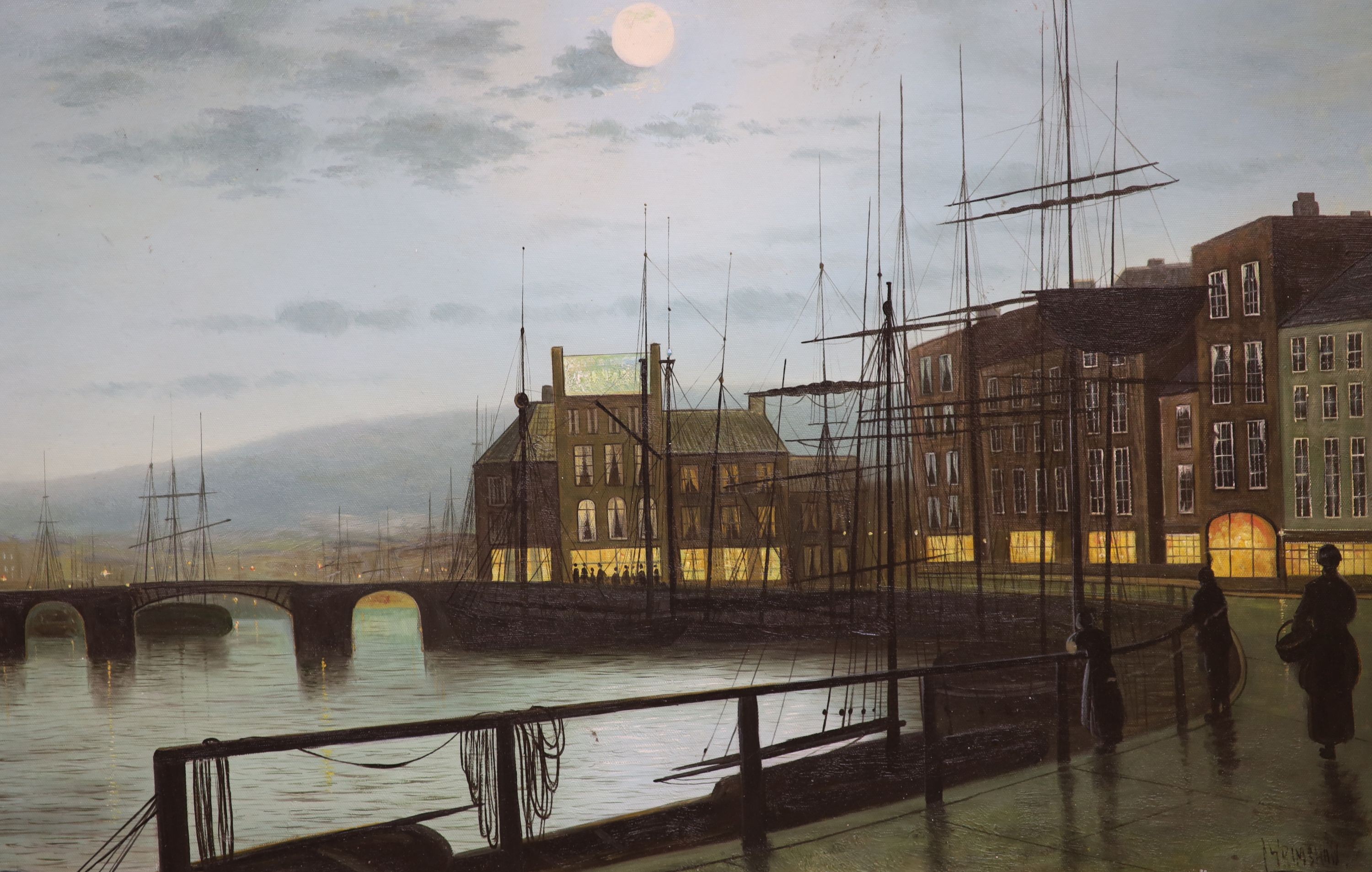 After Atkinson Grimshaw, oil on board, Harbour scene at twilight, bears signature, 46 x 70cm                                                                                                                                