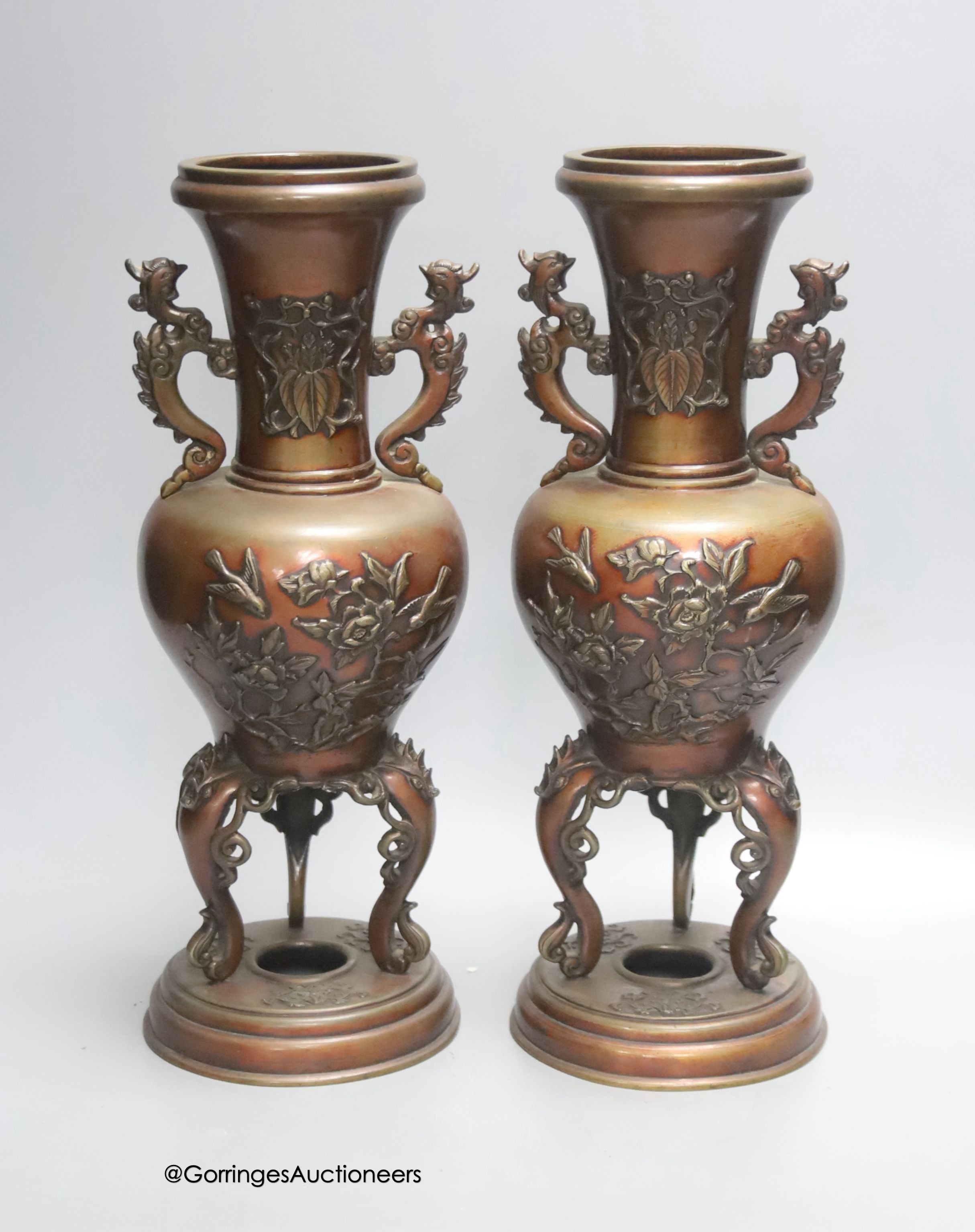 A pair of 19th century Japanese bronze vases, height 31.5cm                                                                                                                                                                 