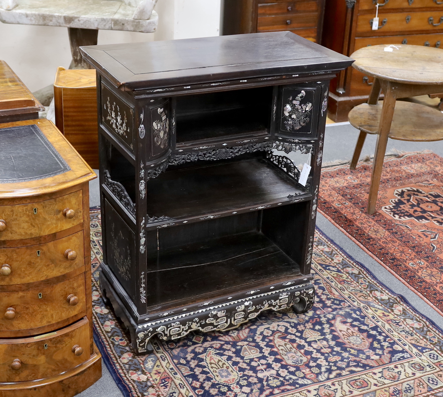 A Japanese mother of pearl inlaid ebonised side cabinet, width 76cm, depth 41cm, height 94cm                                                                                                                                