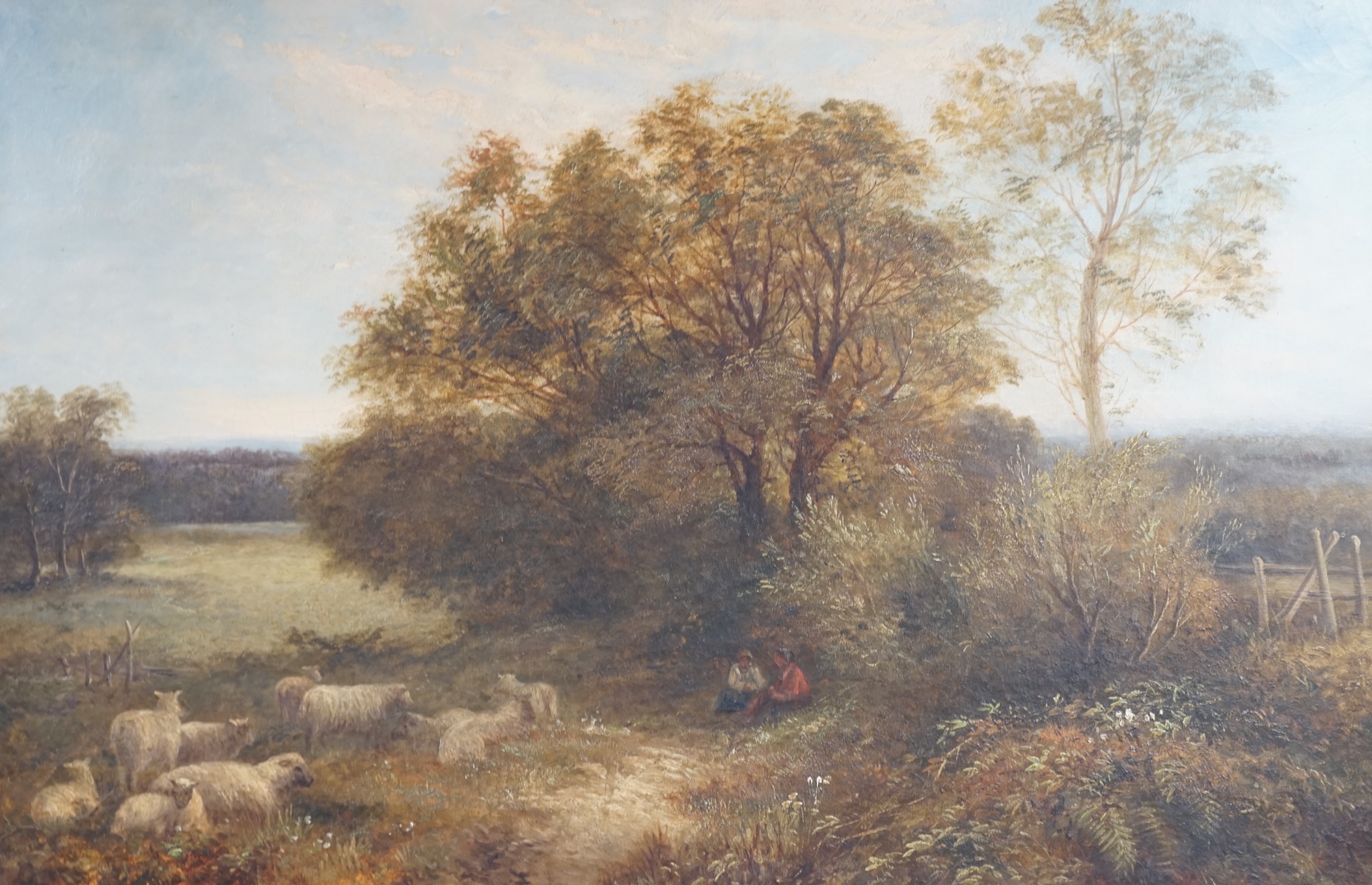 19th century, English School, Riverside landscape with figures and sheep, unsigned, 49 x 74cm, ornate gilt framed. Condition - fair, craquelure throughout                                                                  