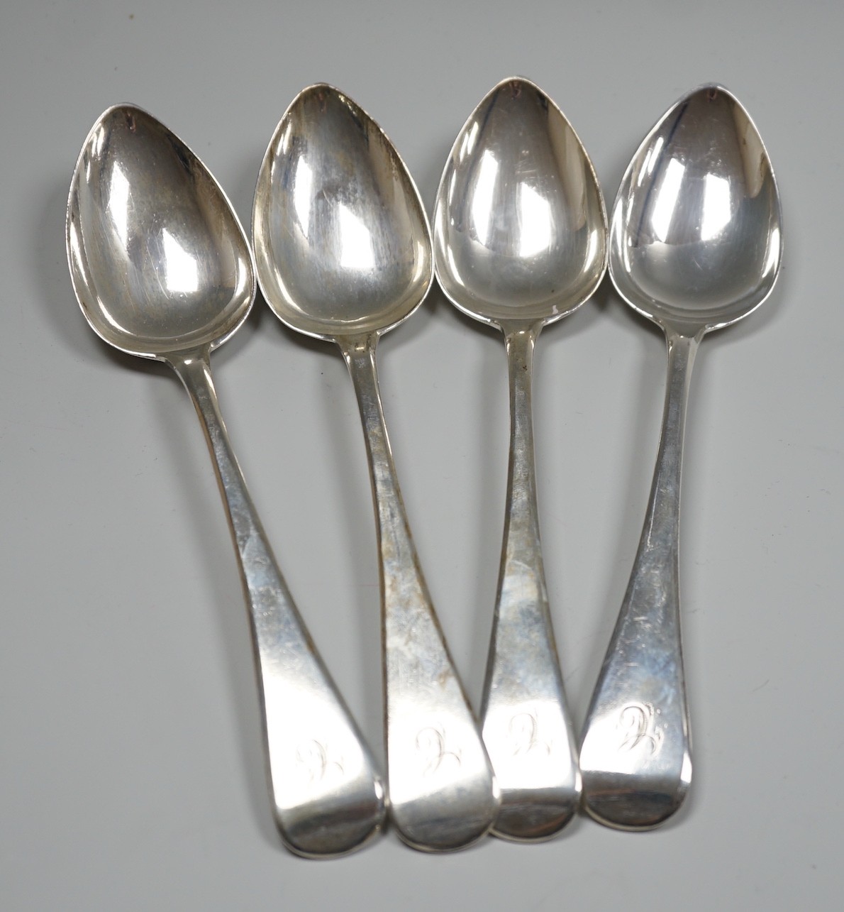 A set of four George III silver Old English pattern table spoons, Sarah & John William Blake, London, 1814, 22.9cm, 10.9oz.                                                                                                 