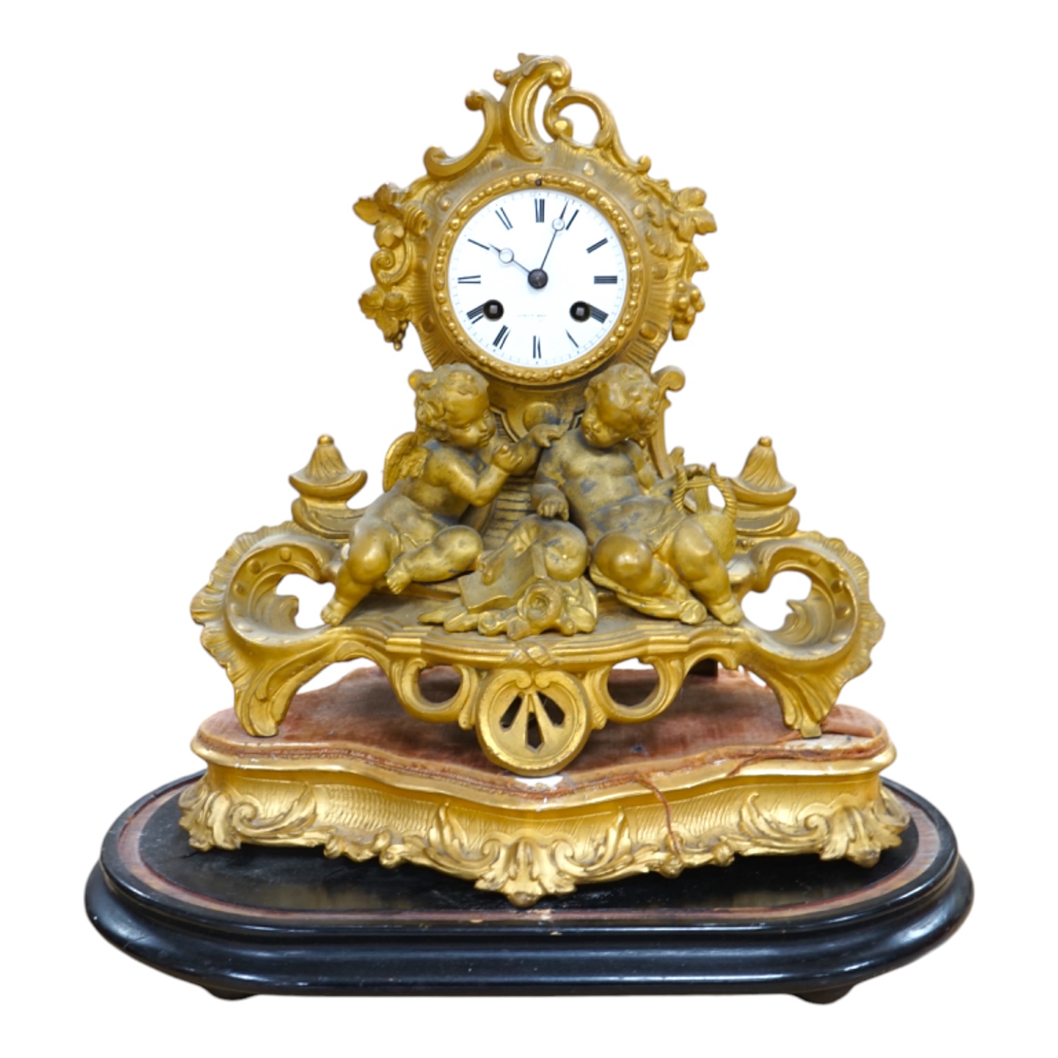 A 19th century French, Rococo Revival gilt metal figural mantel clock, striking on a bell, raised on gilt wood plinth, no key, 41cm high. Condition - fair, untested                                                        