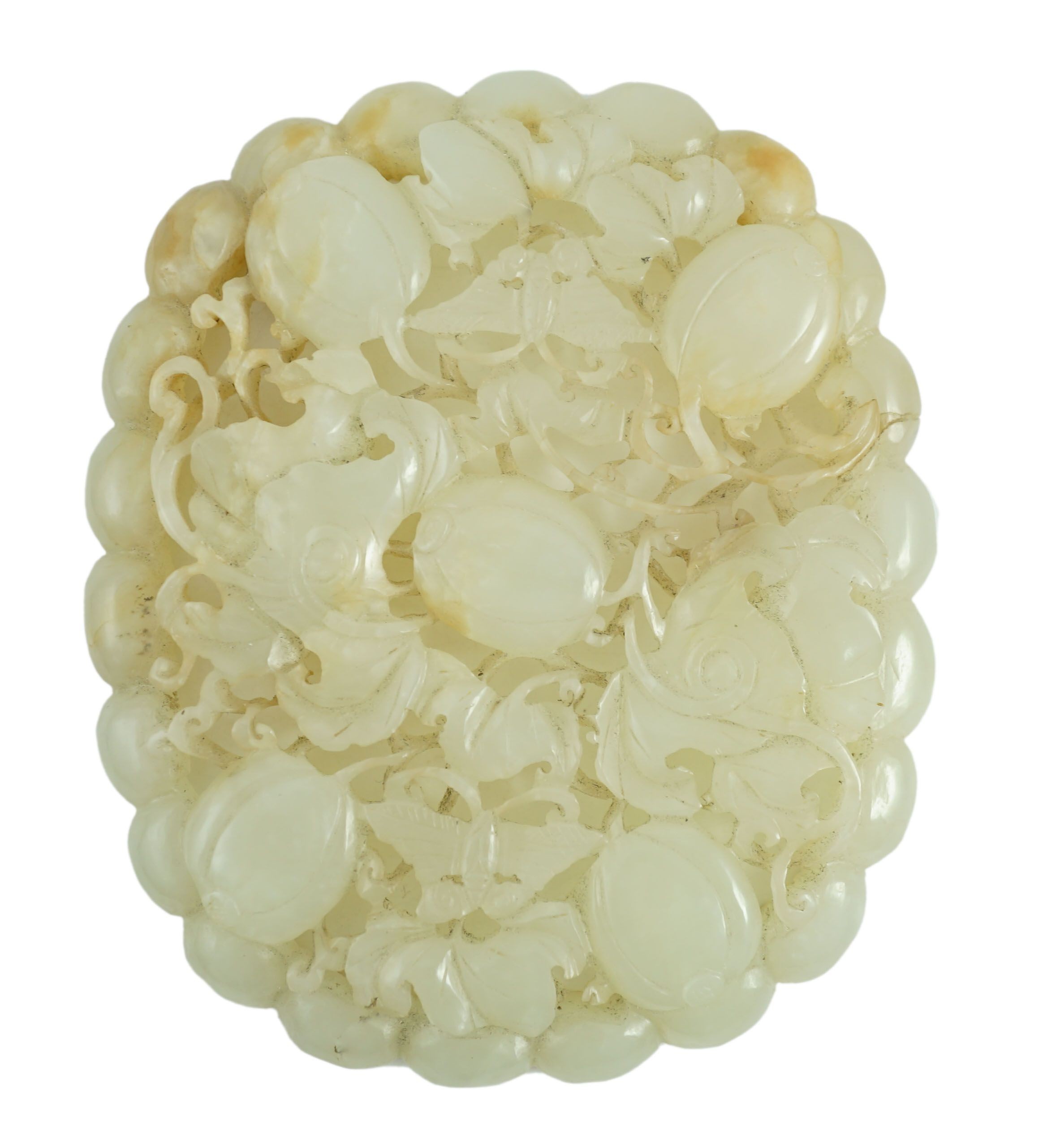 A Chinese pale celadon jade oval openwork plaque, 19th century, 9.8 cm x 8.2 cm                                                                                                                                             