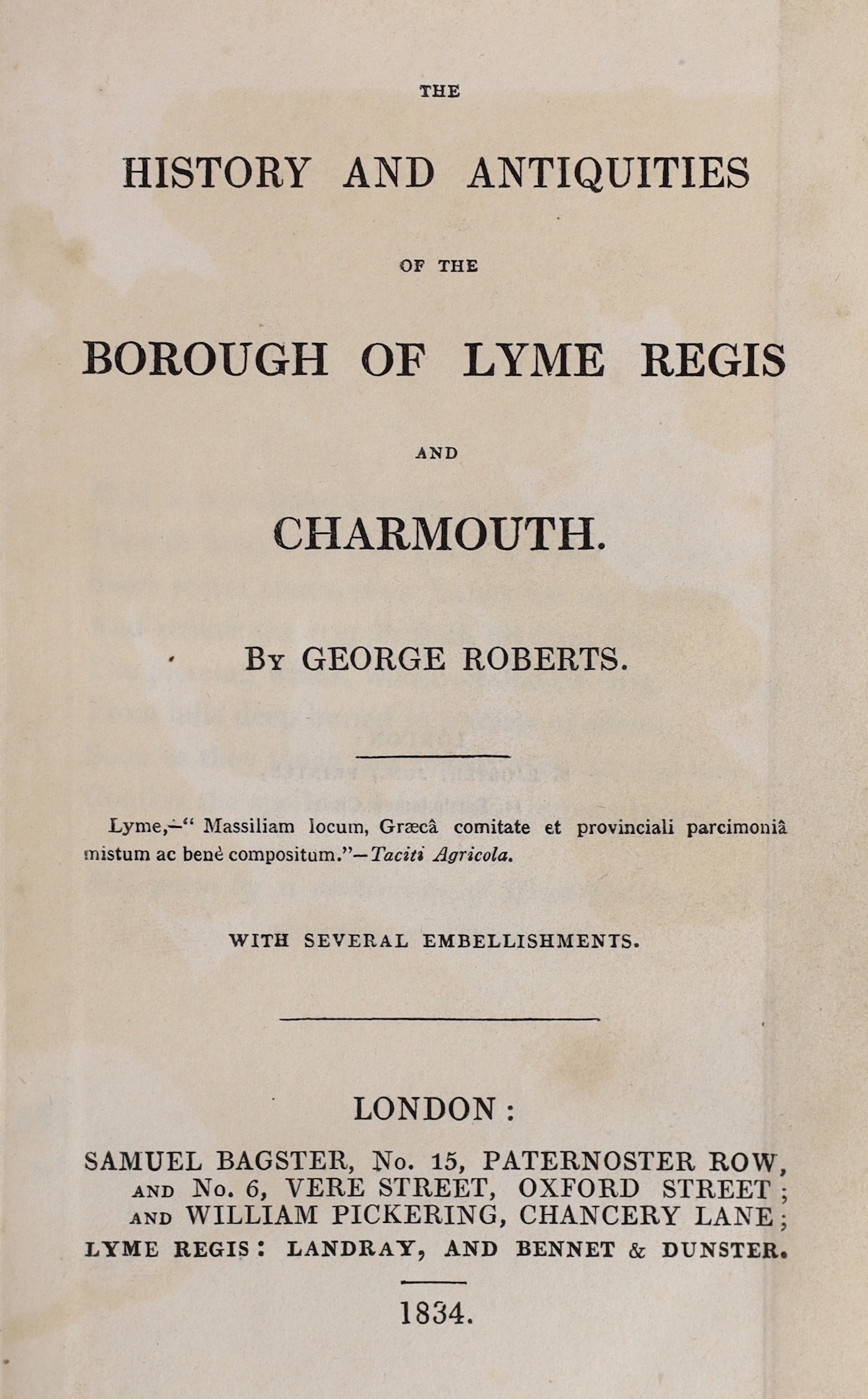 DORSET: Roberts, George - The History and Antiquities of the Borough of Lyme Regis and Charmouth. coloured and folded map, folded plate and text engravings, subscribers list, additions / errata leaf; later 19th cent. hal