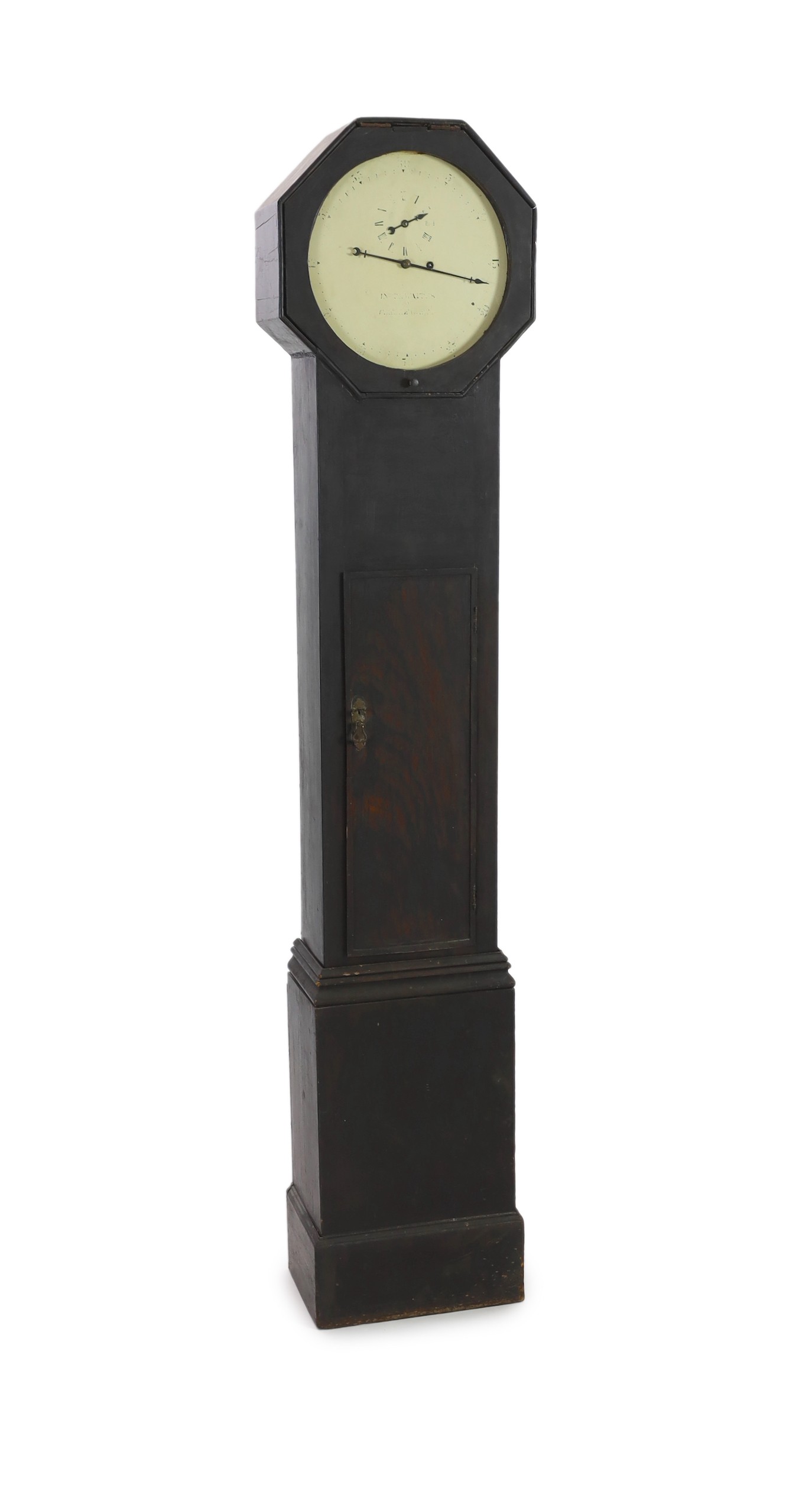 John Thwaites of Clerkenwell. An early 19th century ebonised pine thirty hour longcase clock, W.44cm H.212cm                                                                                                                