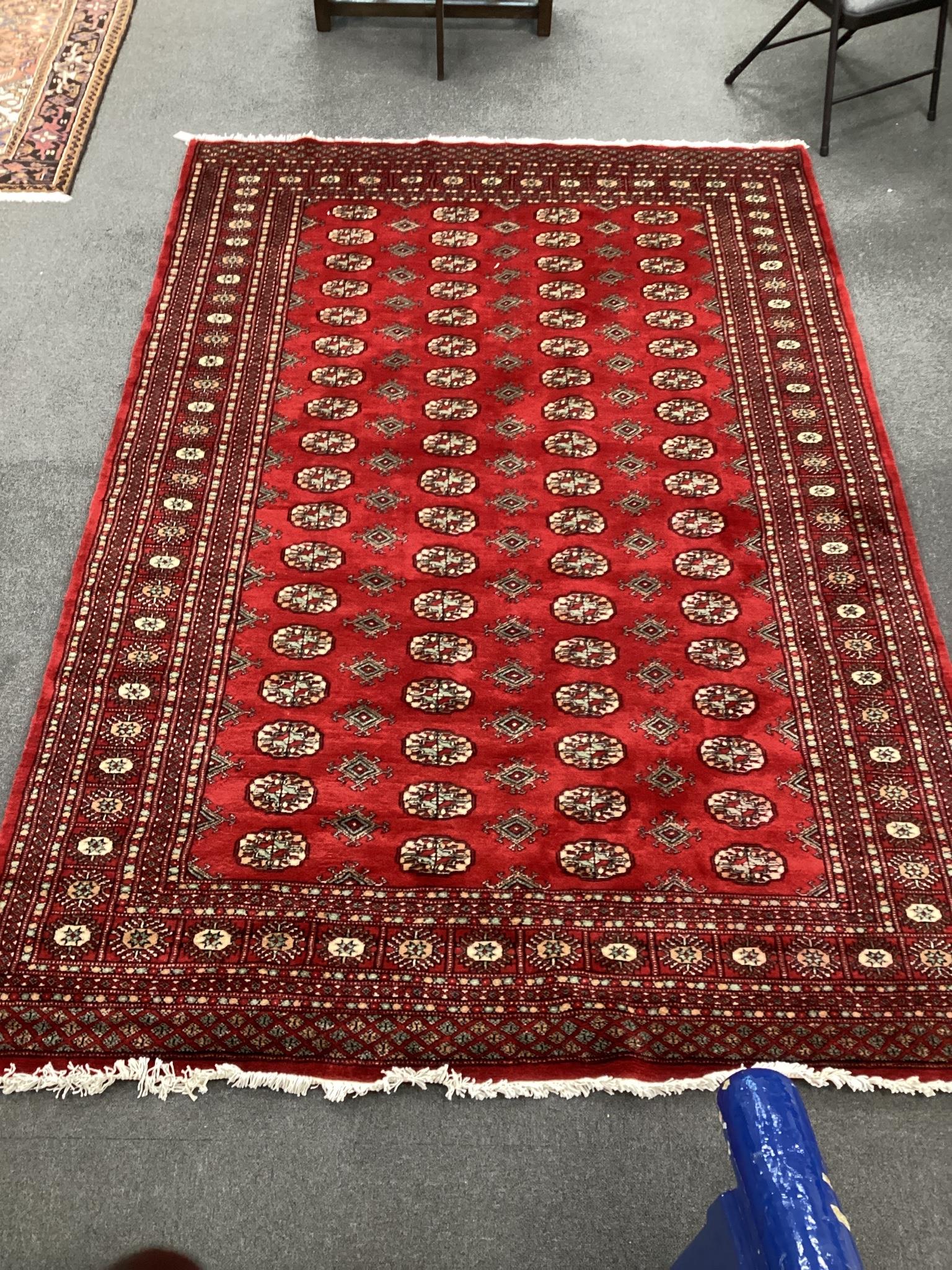 A Bokhara style red ground carpet, 280cm x 188cm                                                                                                                                                                            