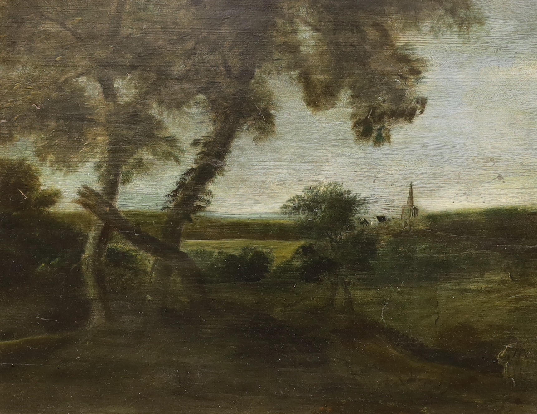 19th century English School, oil on wooden panel, Church in a landscape, 40 x 51cm                                                                                                                                          