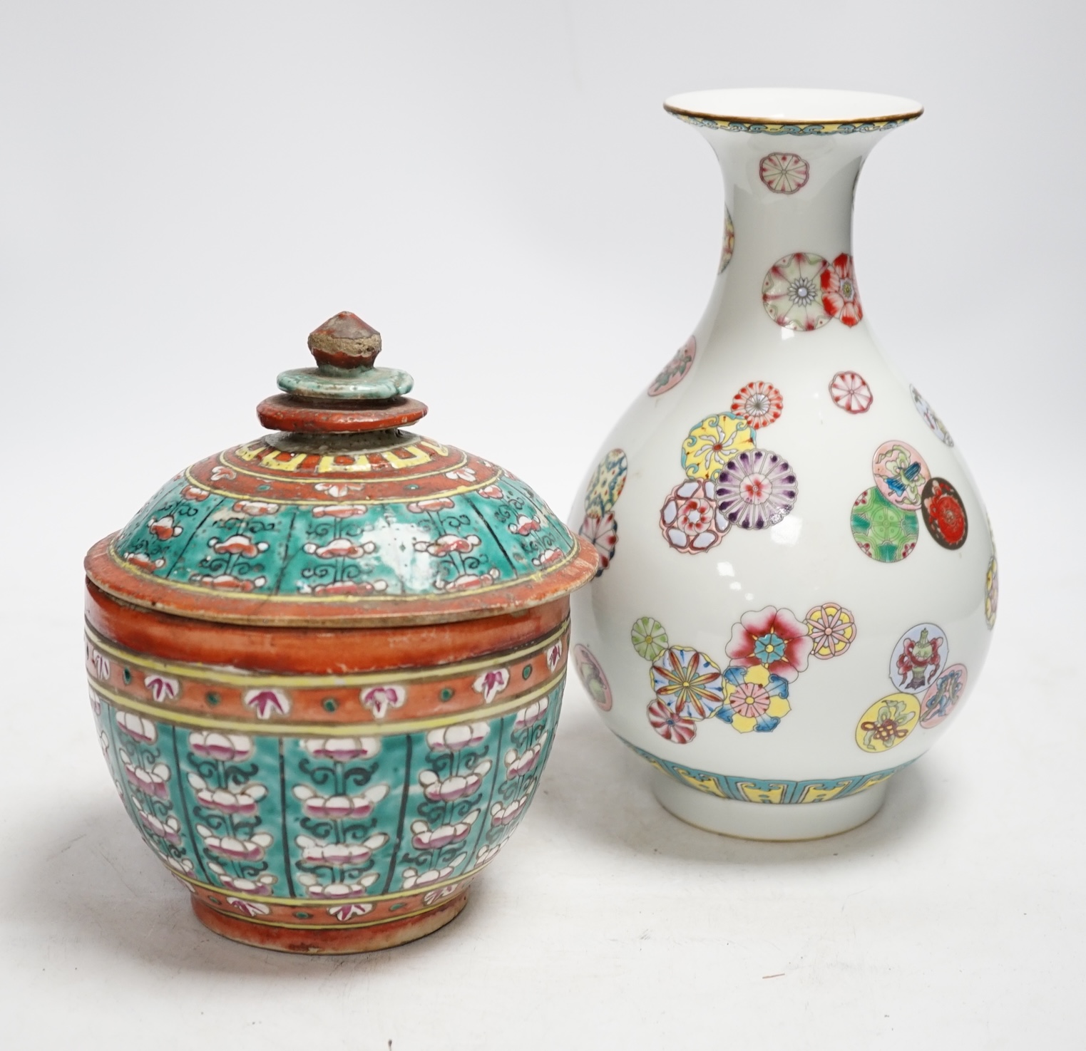 A 19th century Chinese jar and cover together with a famille rose vase, 24cm                                                                                                                                                